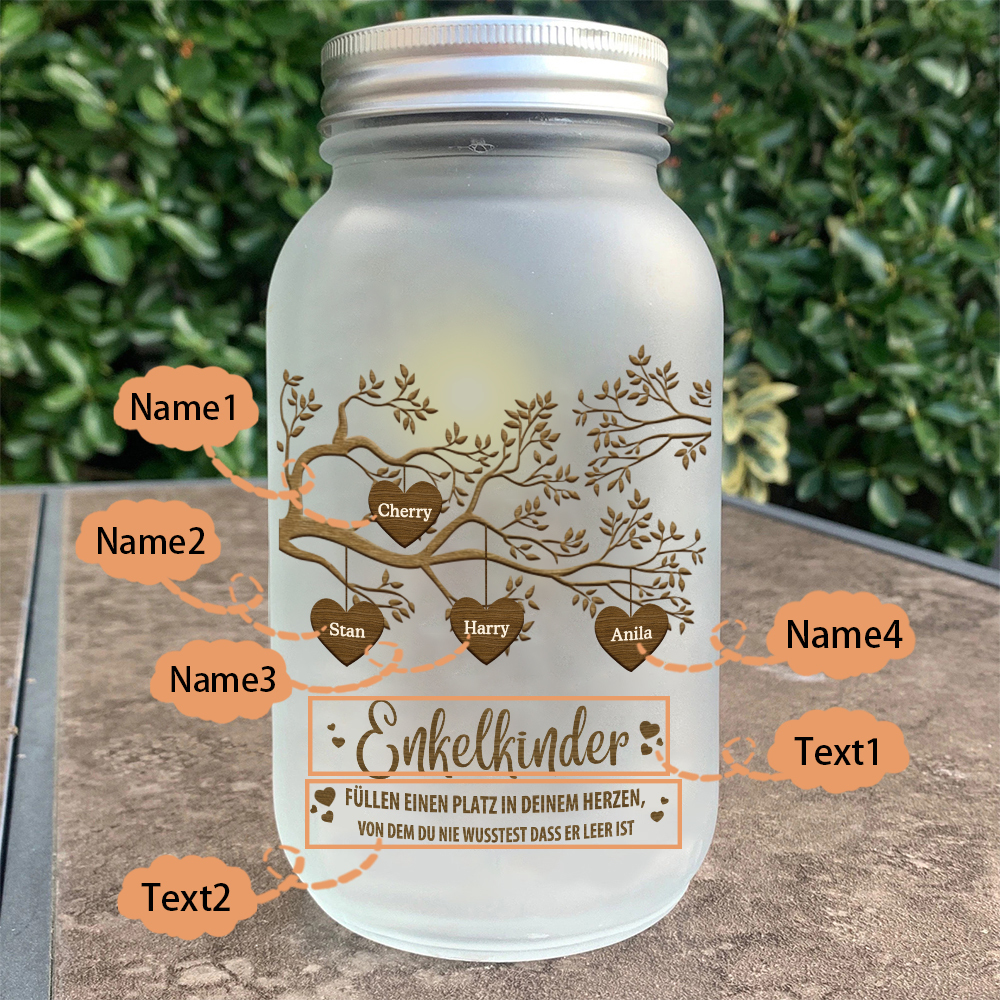 Personalisierte 4 Namen & 2 Texte Familienbaum Licht Glasflaschen-Enkelkinder für Oma/Opa/Mama/Papa