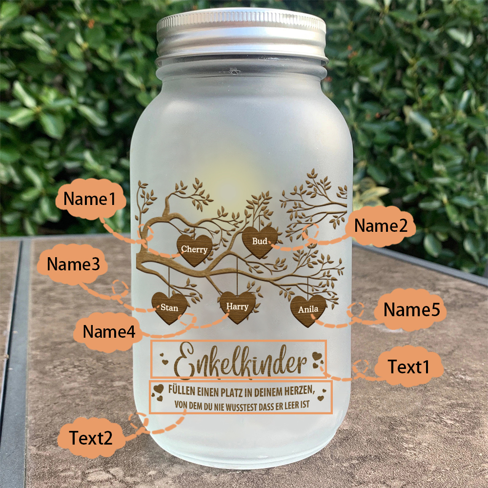 Personalisierte 5 Namen & 2 Texte Familienbaum Licht Glasflaschen-Enkelkinder für Oma/Opa/Mama/Papa