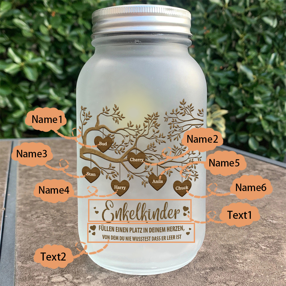 Personalisierte 6 Namen & 2 Texte Familienbaum Licht Glasflaschen-Enkelkinder für Oma/Opa/Mama/Papa