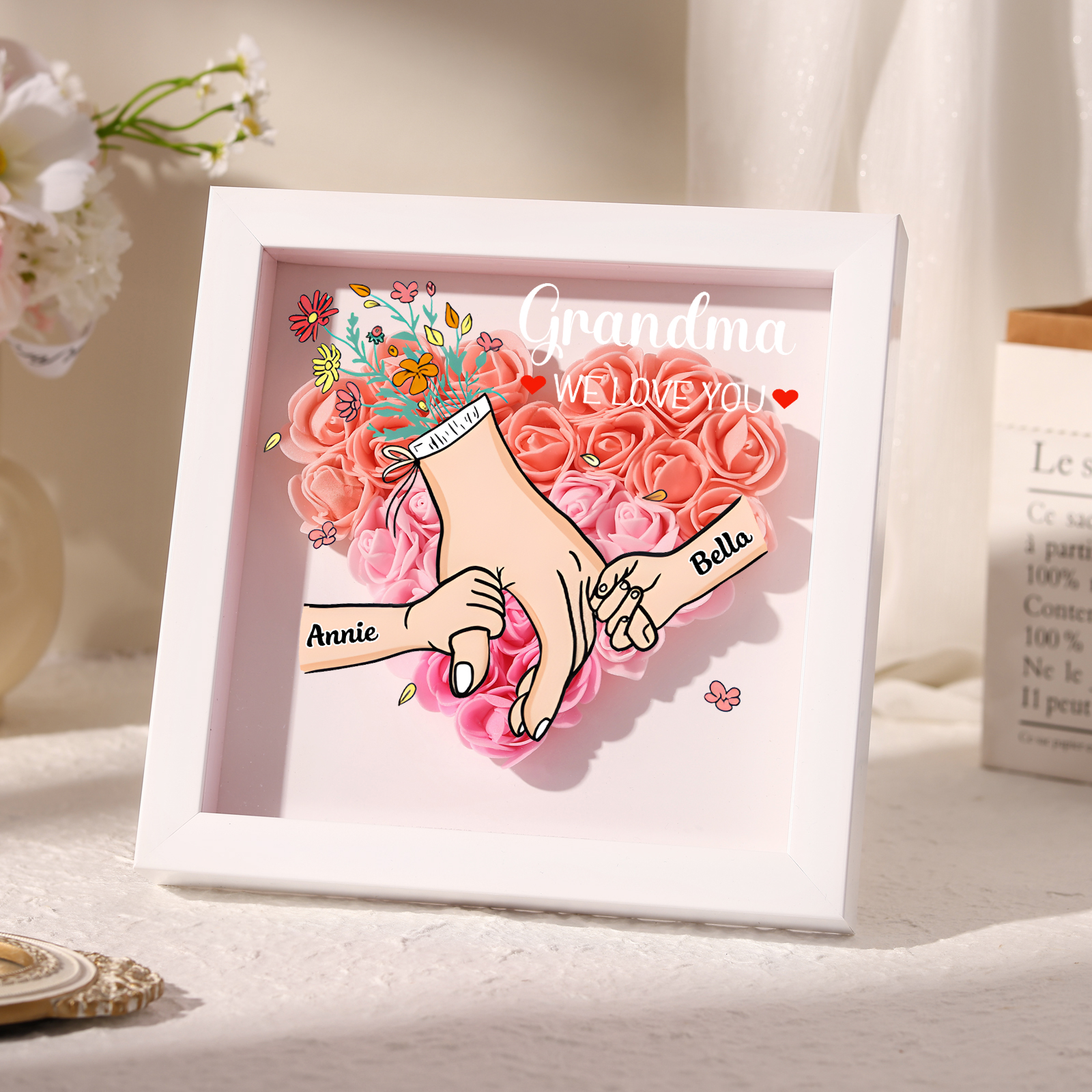 Mama Dichtetafelrahmen Deko-Personalisierbare 1-6 Namen - Hand in Hand - Blume Ornament für Mutter-Diese tolle Mama gehört zu....