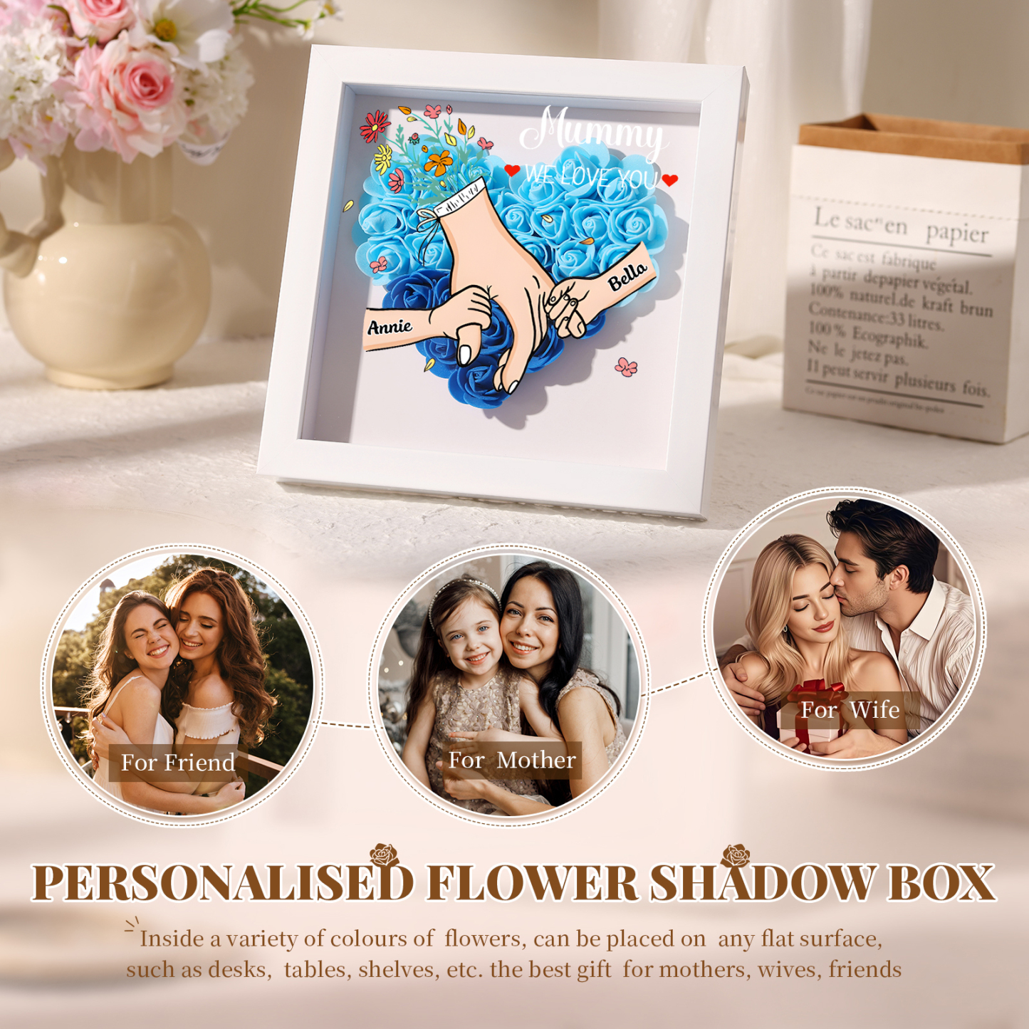 Mama Dichtetafelrahmen Deko-Personalisierbare 1-6 Namen - Hand in Hand - Blume Ornament für Mutter-Diese tolle Mama gehört zu....