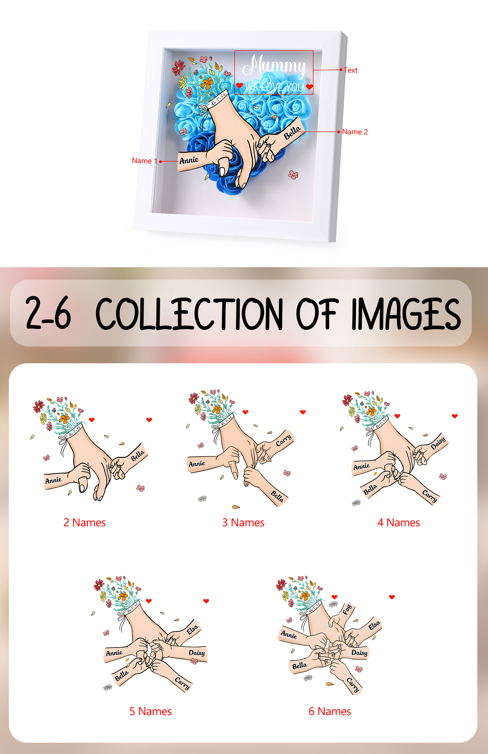 Mama Dichtetafelrahmen Deko-Personalisierbare 1-6 Namen - Hand in Hand - Blume Ornament für Mutter-Diese tolle Mama gehört zu....