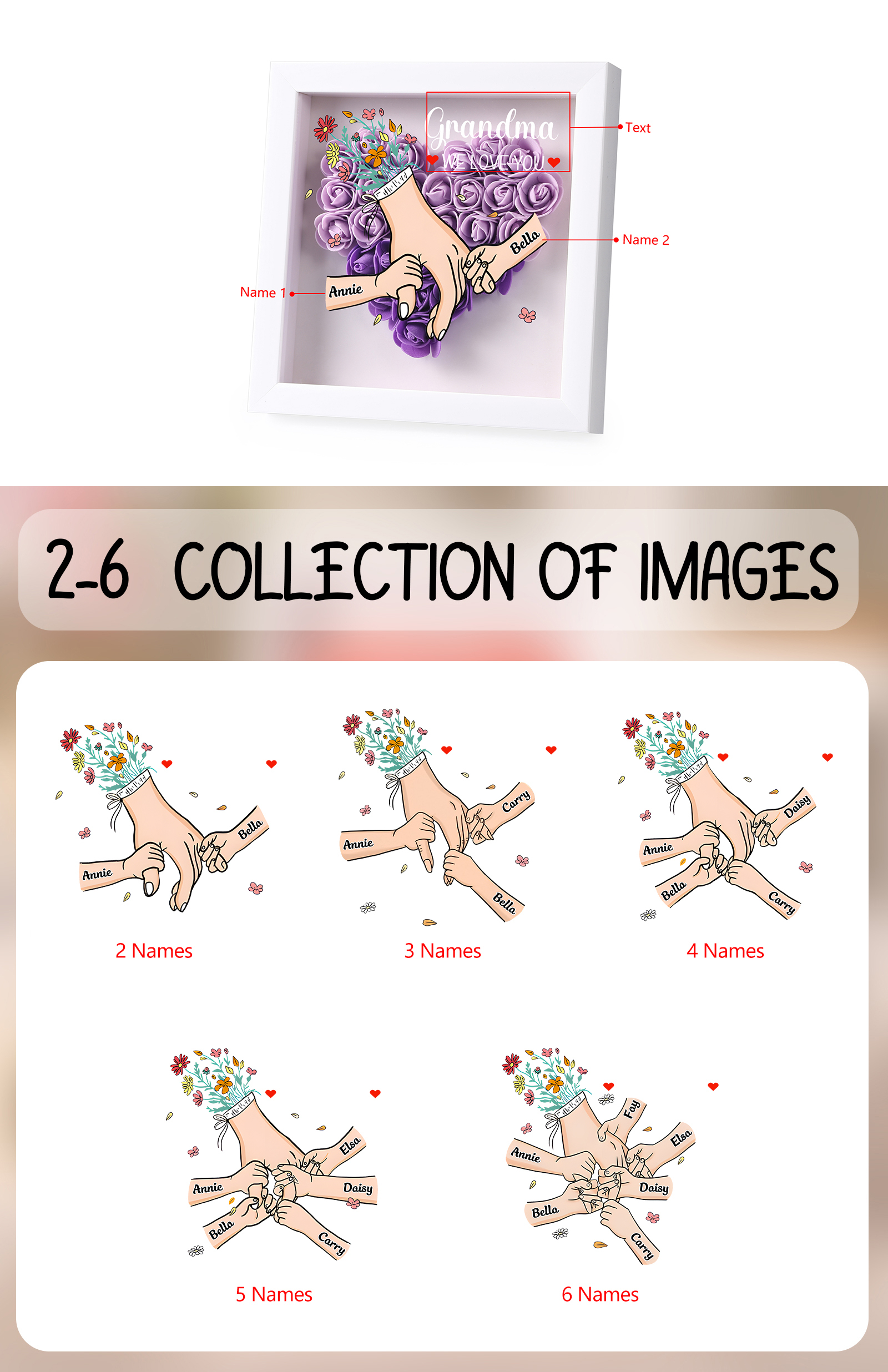 Mama Dichtetafelrahmen Deko-Personalisierbare 1-6 Namen - Hand in Hand - Blume Ornament für Mutter-Diese tolle Mama gehört zu....