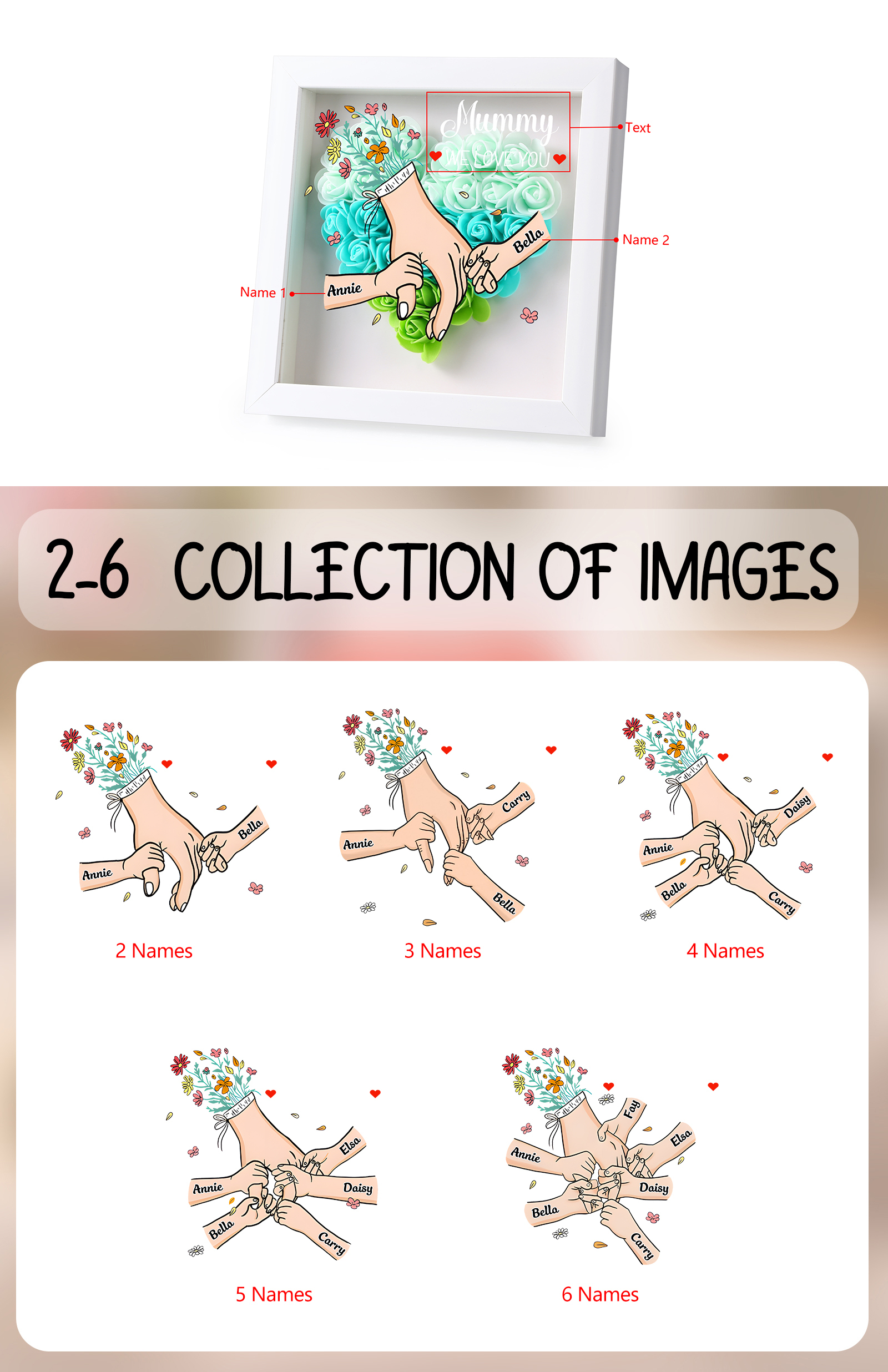 Mama Dichtetafelrahmen Deko-Personalisierbare 1-6 Namen - Hand in Hand - Blume Ornament für Mutter-Diese tolle Mama gehört zu....