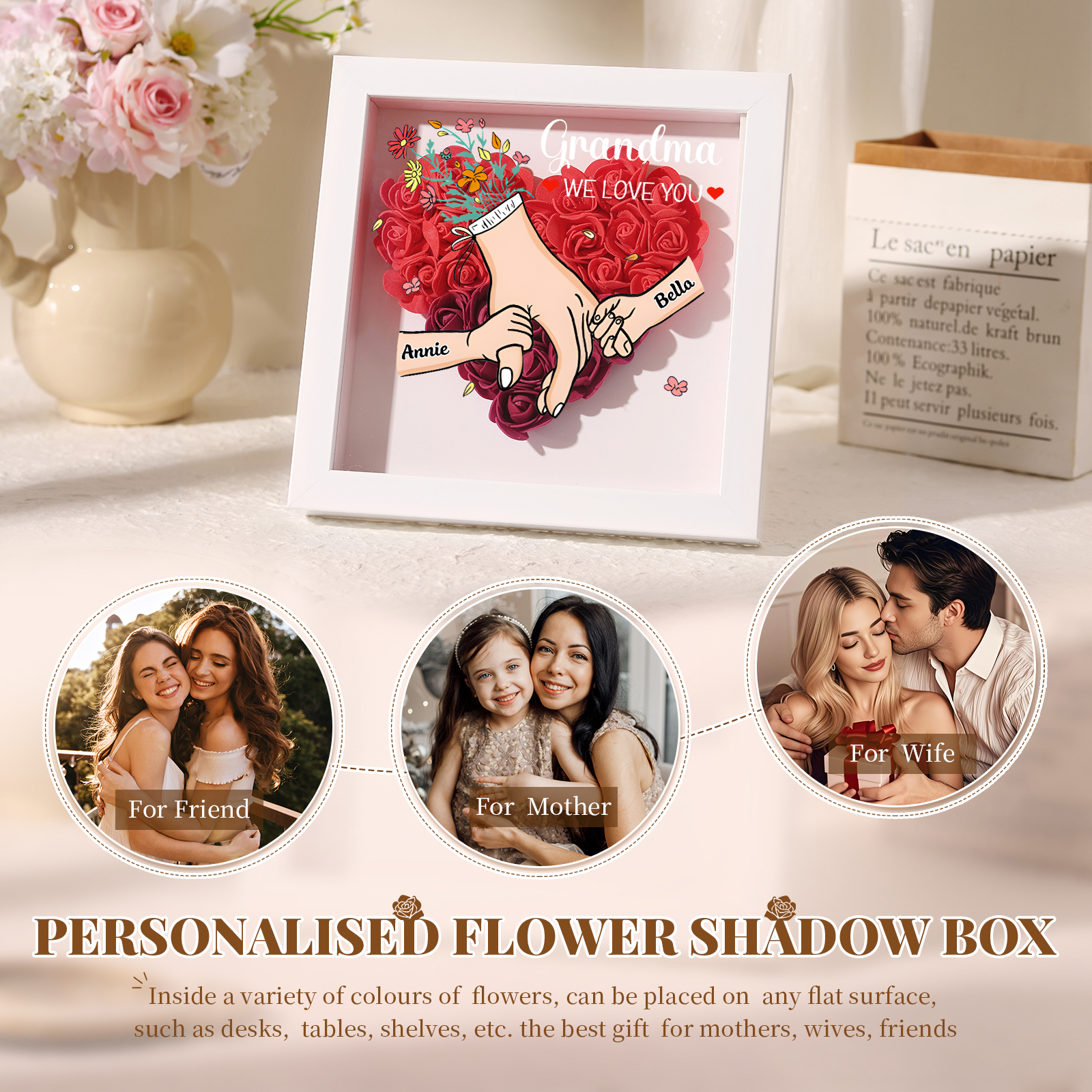 Mama Dichtetafelrahmen Deko-Personalisierbare 1-6 Namen - Hand in Hand - Blume Ornament für Mutter-Diese tolle Mama gehört zu....