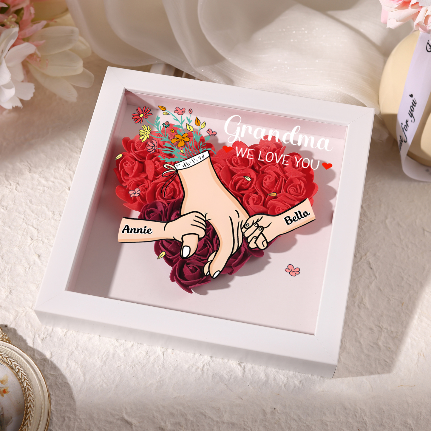 Mama Dichtetafelrahmen Deko-Personalisierbare 1-6 Namen - Hand in Hand - Blume Ornament für Mutter-Diese tolle Mama gehört zu....