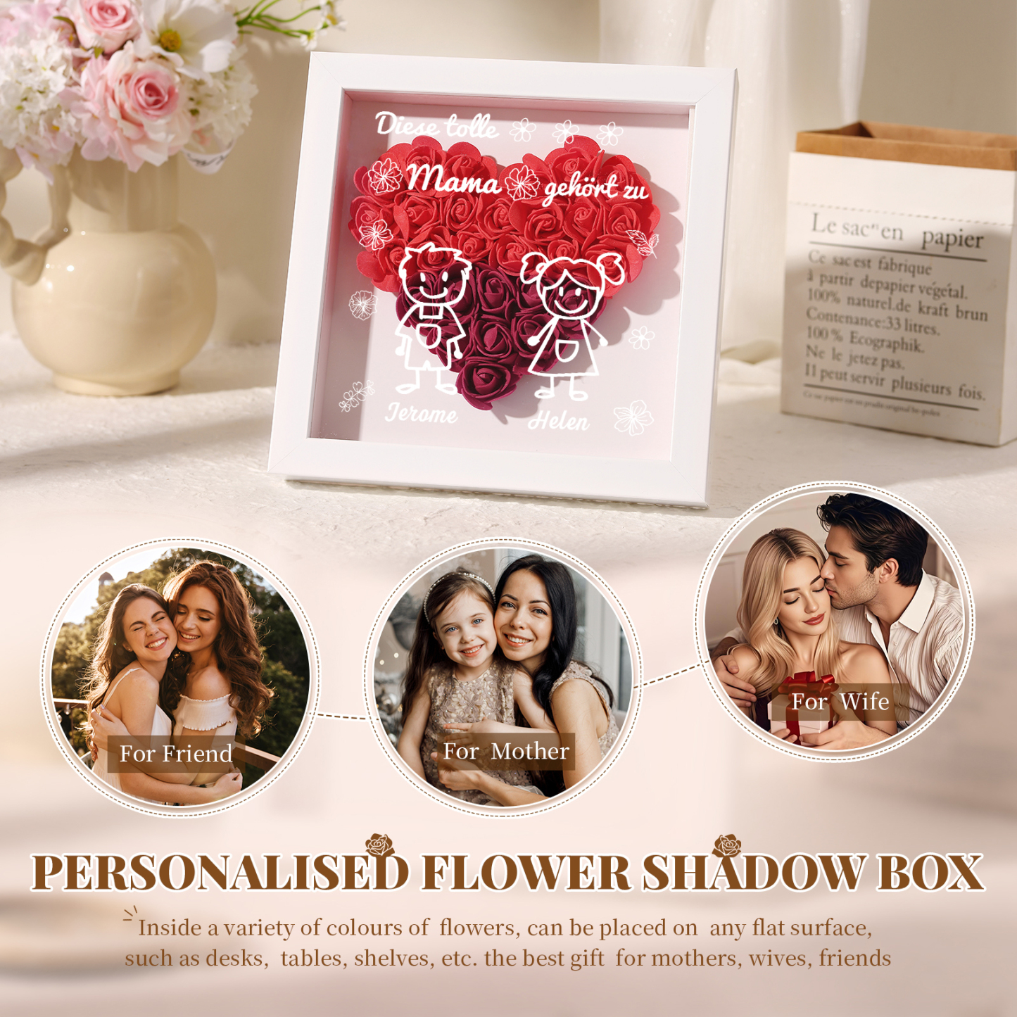 Mama Dichtetafelrahmen Deko-Personalisierbare 2 Namen & Muster Blume Ornament für Mutter-Diese tolle Mama gehört zu....