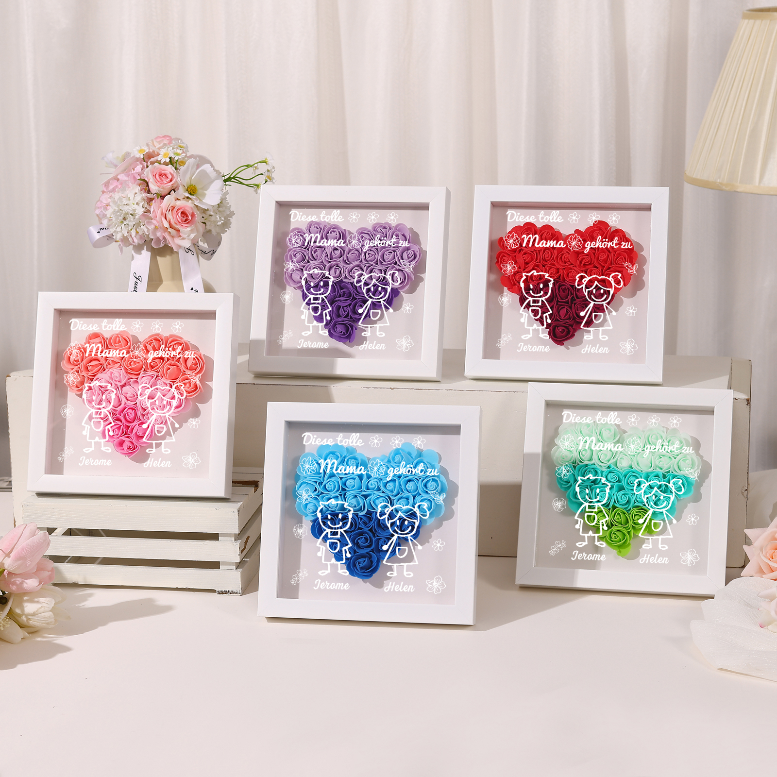 Mama Dichtetafelrahmen Deko-Personalisierbare 2 Namen & Muster Blume Ornament für Mutter-Diese tolle Mama gehört zu....