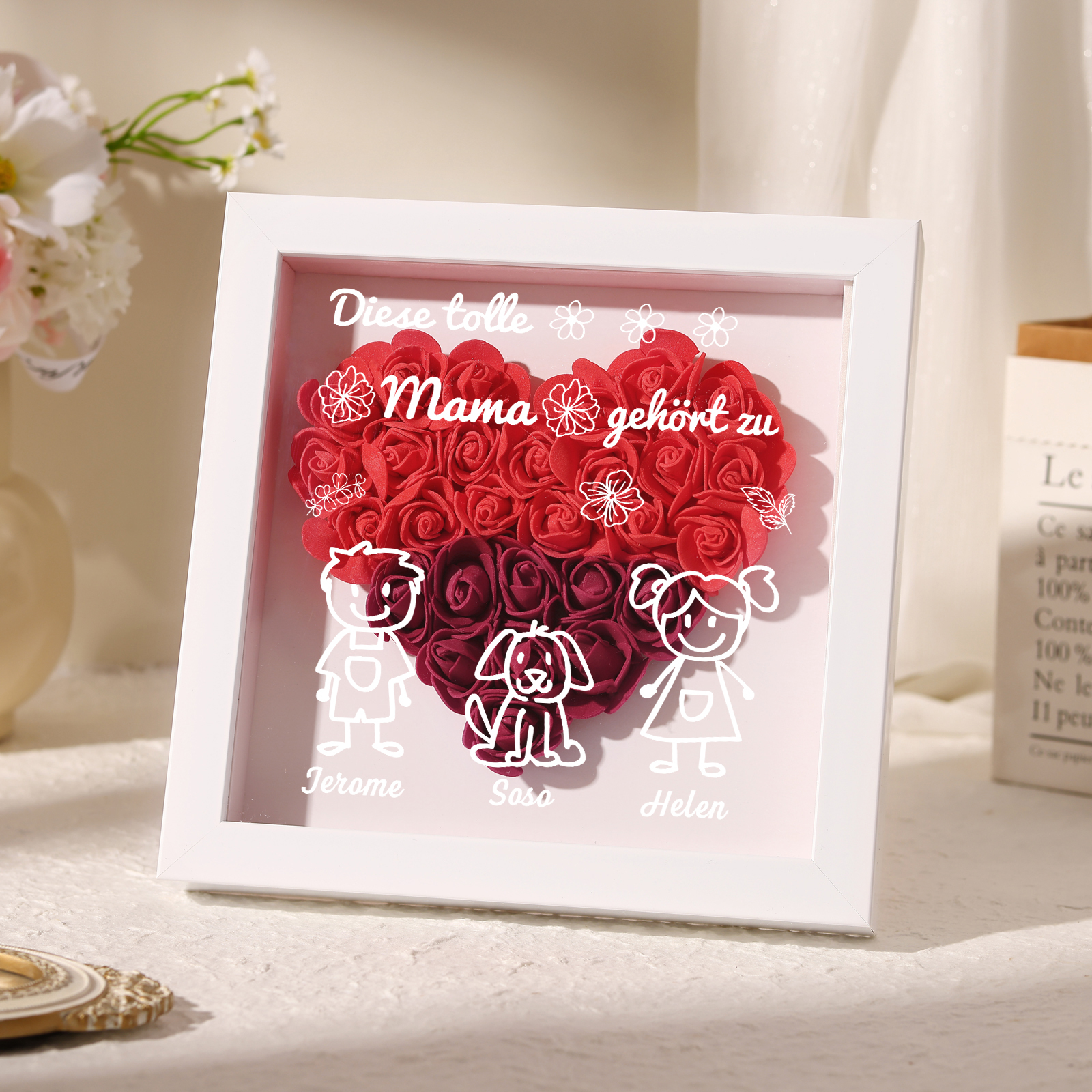 Mama Dichtetafelrahmen Deko-Personalisierbare 3 Namen & Muster Blume Ornament für Mutter-Diese tolle Mama gehört zu....