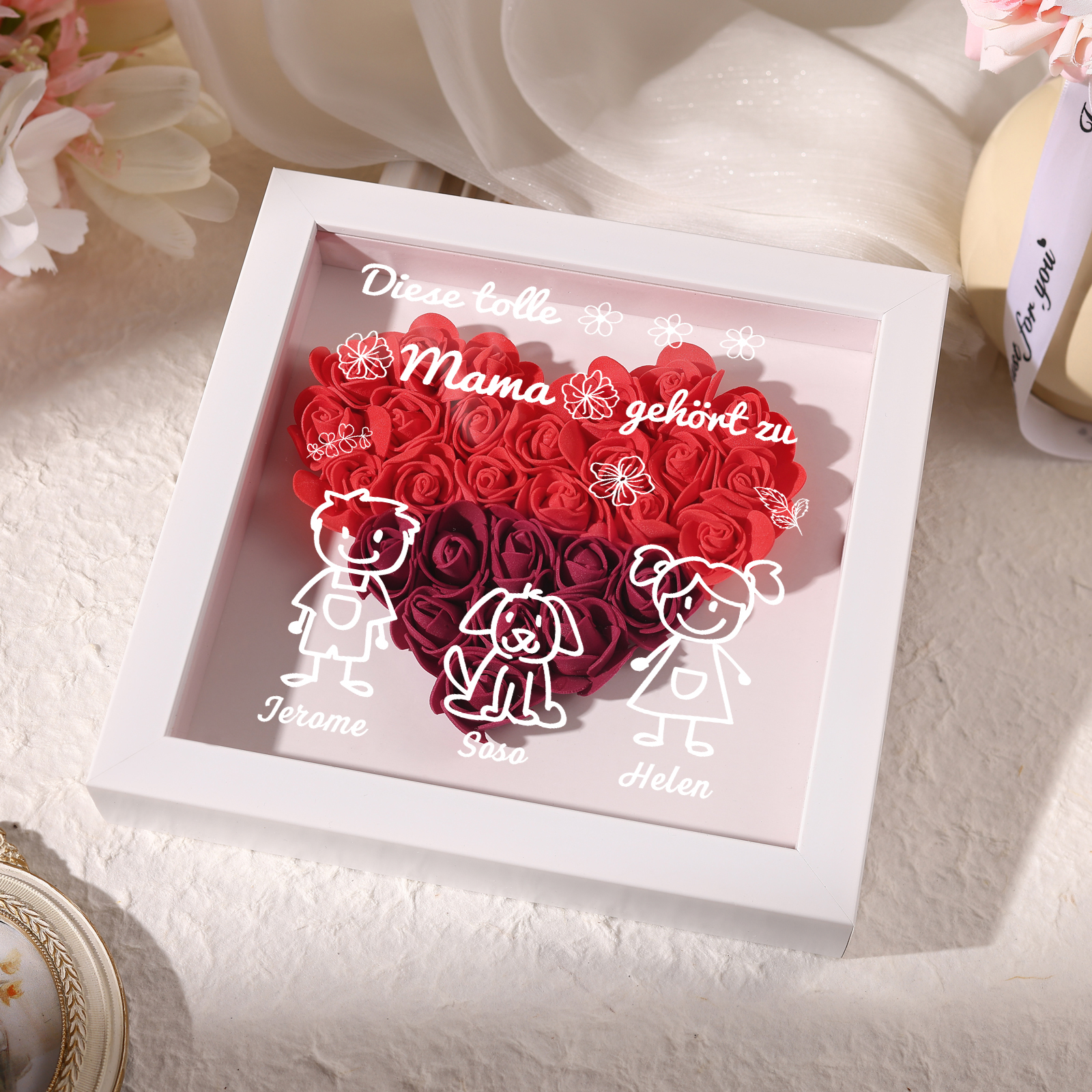 Mama Dichtetafelrahmen Deko-Personalisierbare 3 Namen & Muster Blume Ornament für Mutter-Diese tolle Mama gehört zu....