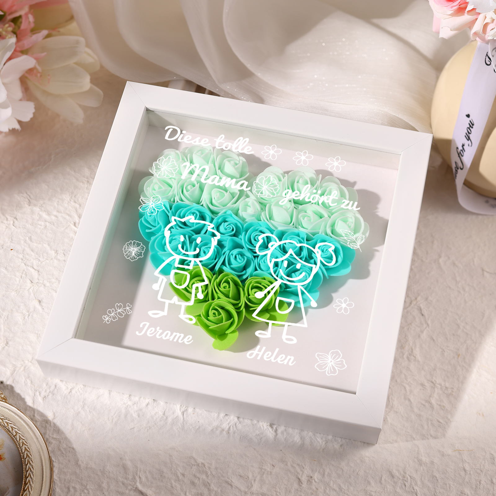 Mama Dichtetafelrahmen Deko-Personalisierbare 2 Namen & Muster Blume Ornament für Mutter-Diese tolle Mama gehört zu....