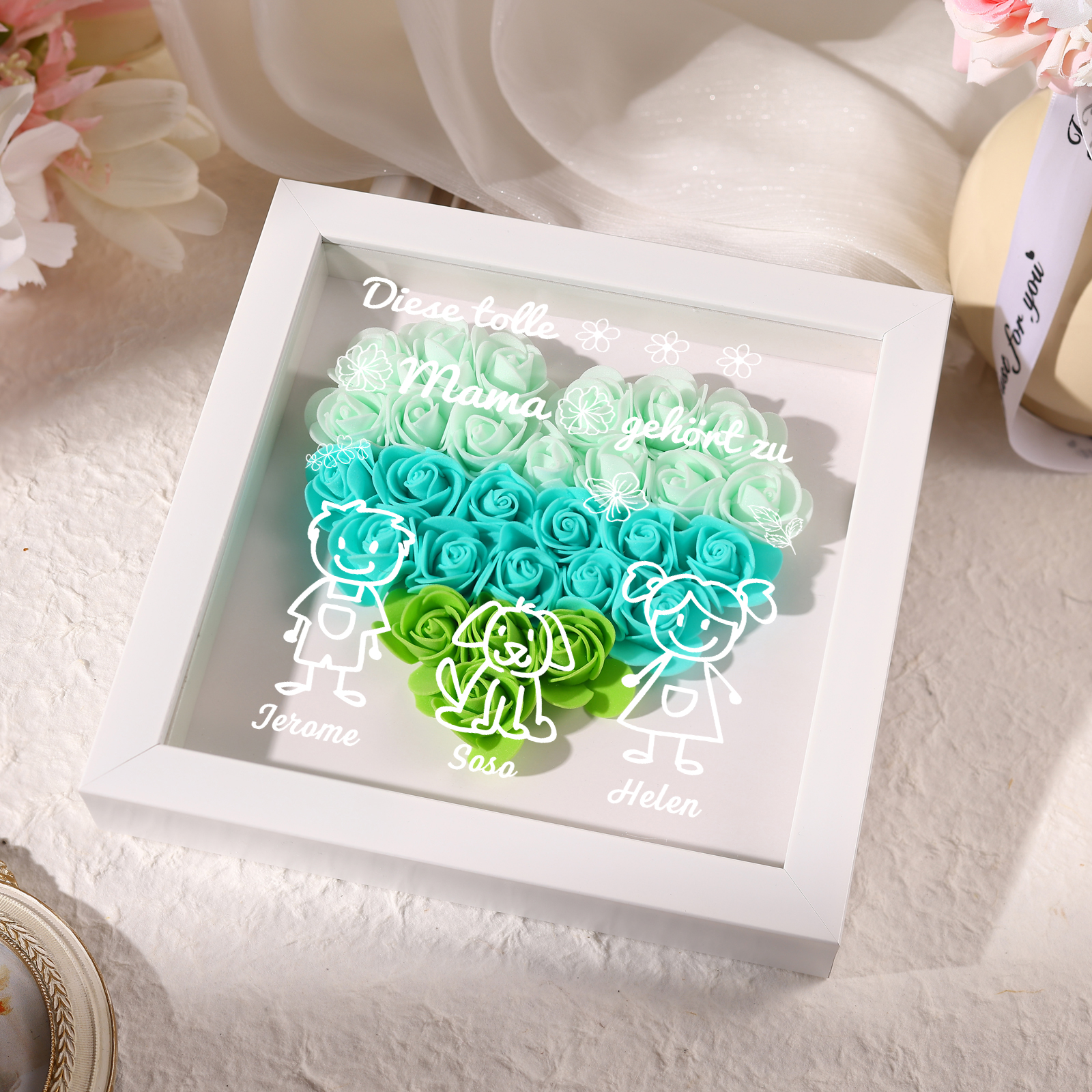 Mama Dichtetafelrahmen Deko-Personalisierbare 3 Namen & Muster Blume Ornament für Mutter-Diese tolle Mama gehört zu....