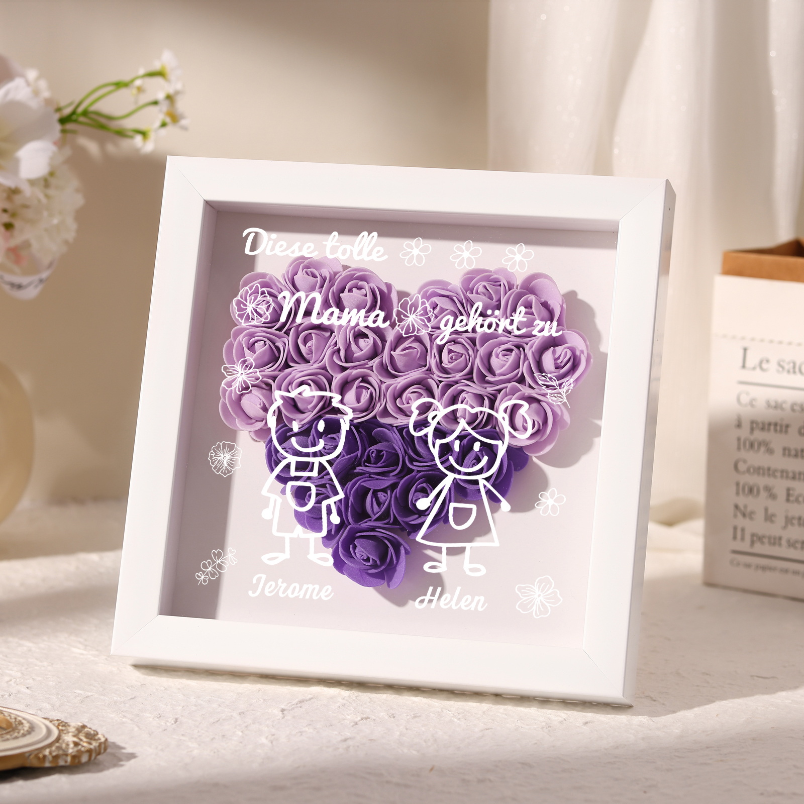 Mama Dichtetafelrahmen Deko-Personalisierbare 2 Namen & Muster Blume Ornament für Mutter-Diese tolle Mama gehört zu....