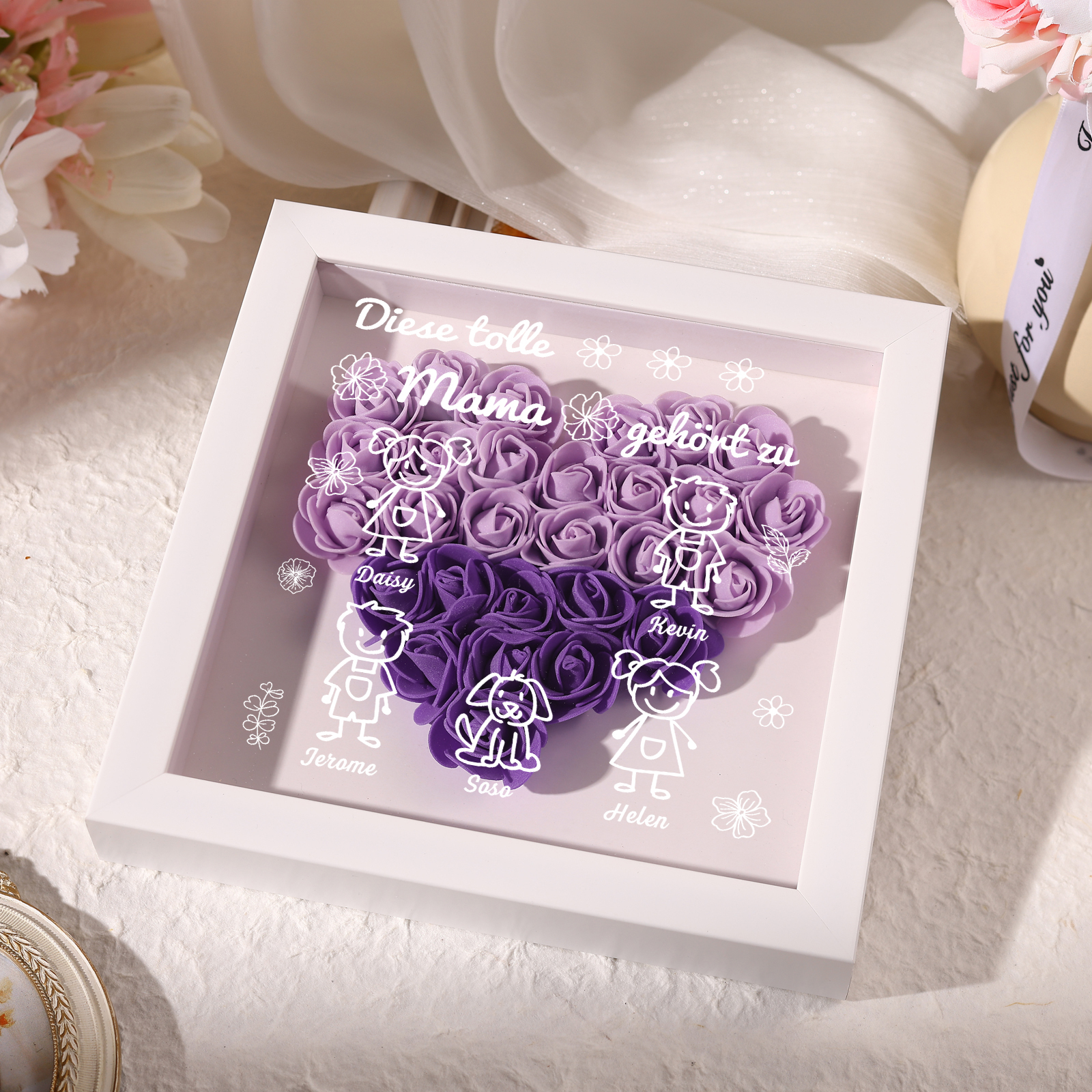 Mama Dichtetafelrahmen Deko-Personalisierbare 5 Namen & Muster Blume Ornament für Mutter-Diese tolle Mama gehört zu....