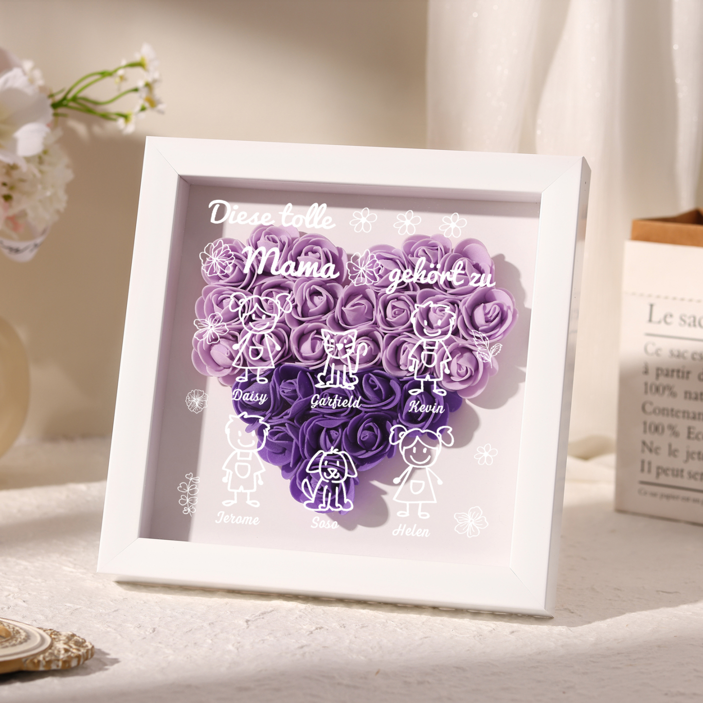 Mama Dichtetafelrahmen Deko-Personalisierbare 6 Namen & Muster Blume Ornament für Mutter-Diese tolle Mama gehört zu....