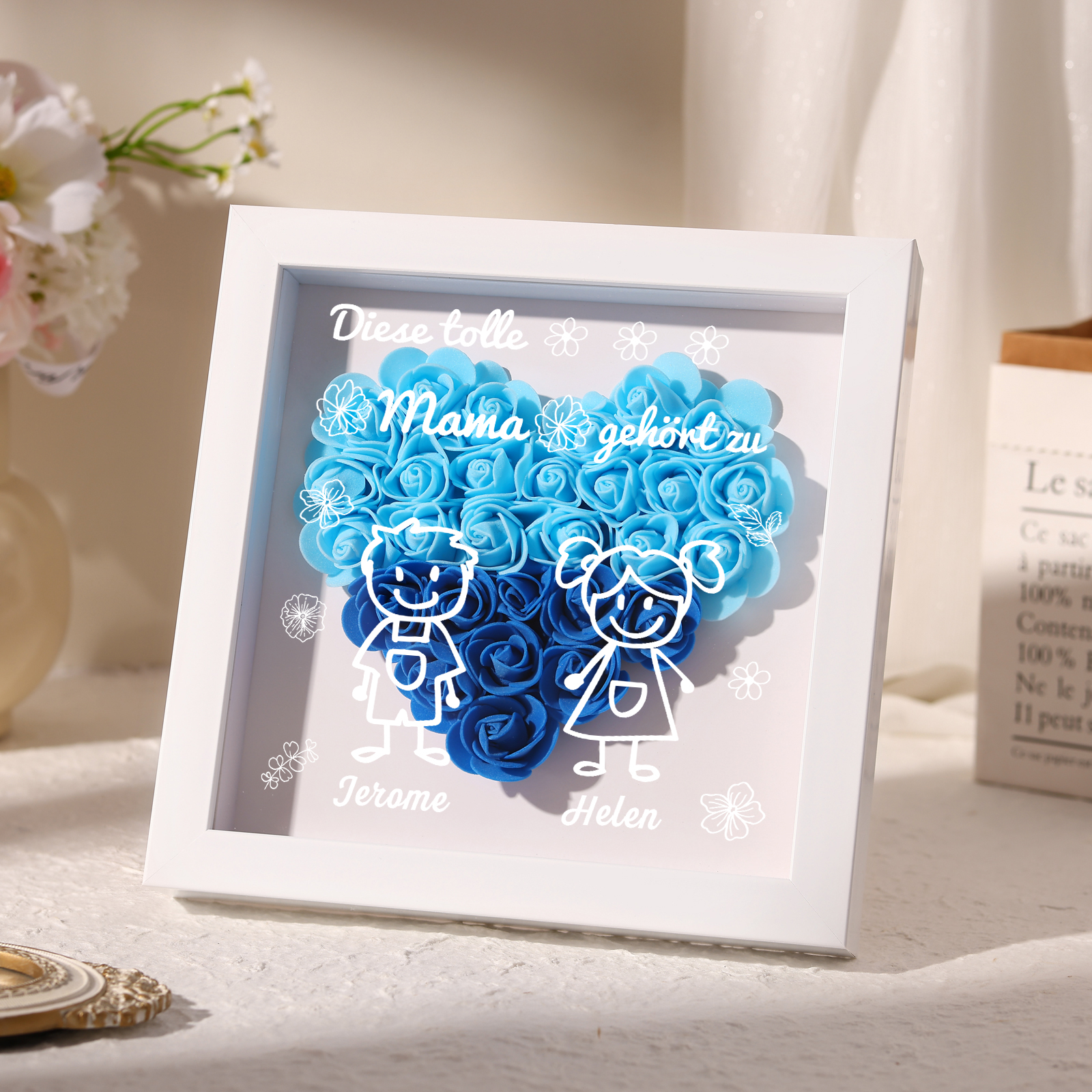 Mama Dichtetafelrahmen Deko-Personalisierbare 2 Namen & Muster Blume Ornament für Mutter-Diese tolle Mama gehört zu....