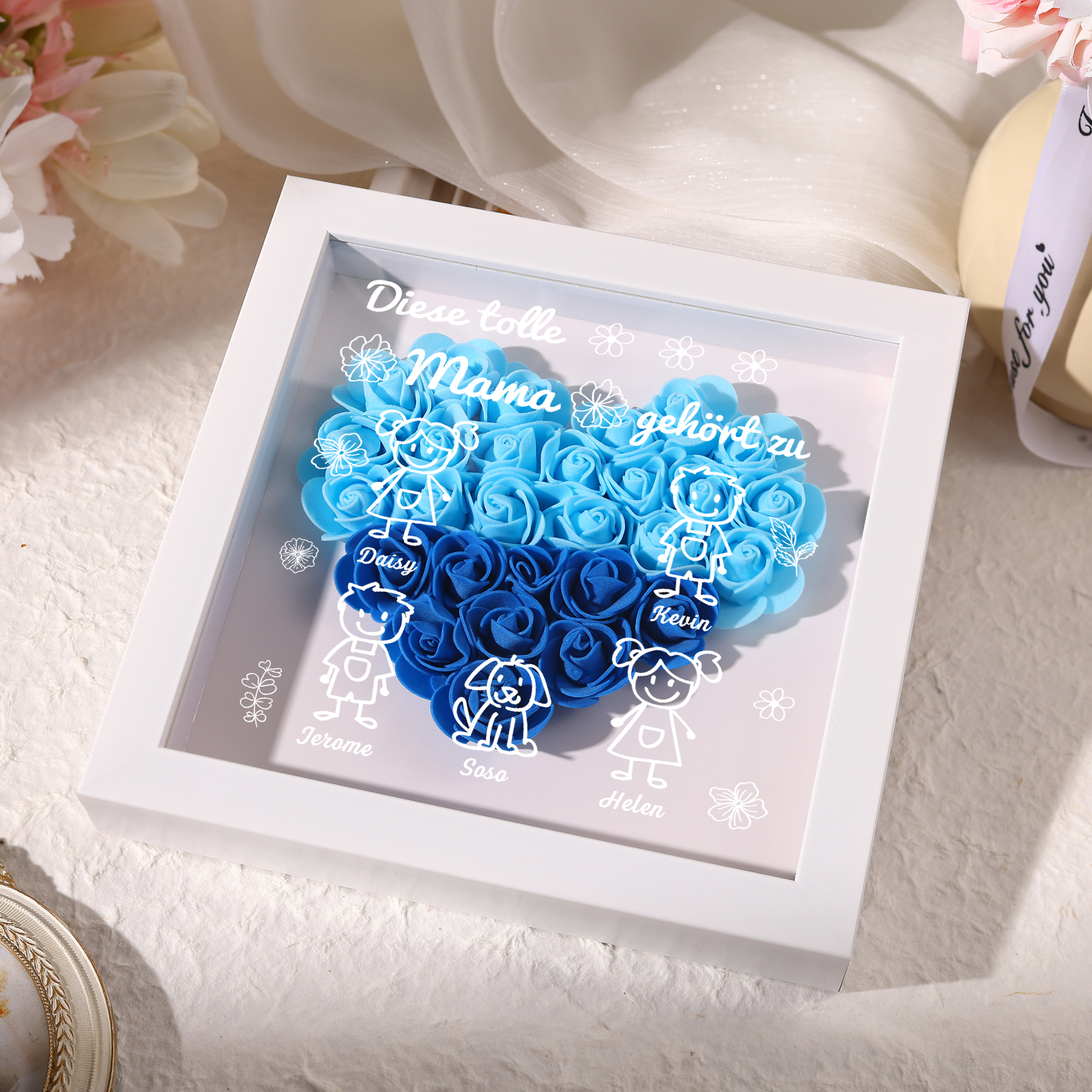 Mama Dichtetafelrahmen Deko-Personalisierbare 5 Namen & Muster Blume Ornament für Mutter-Diese tolle Mama gehört zu....