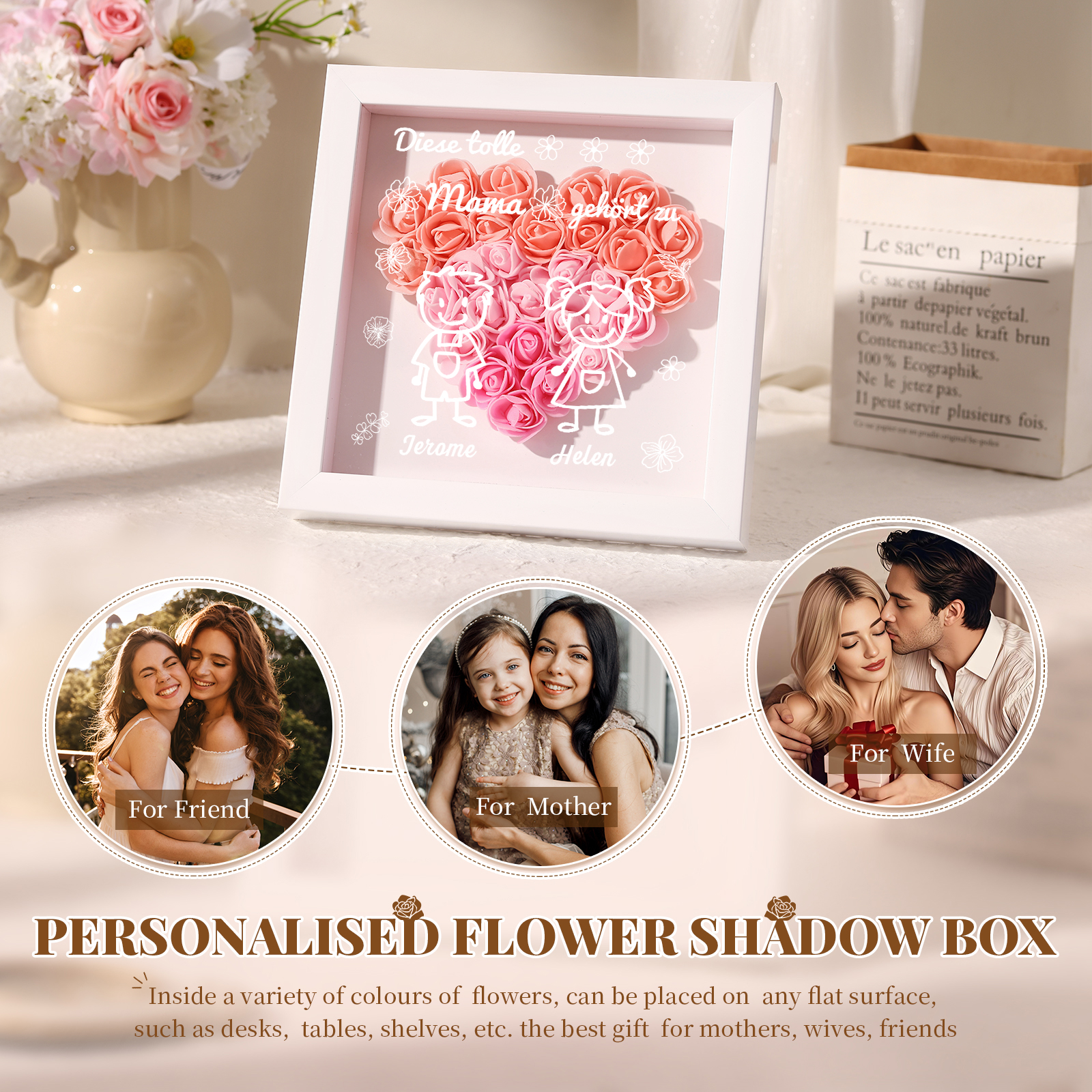 Mama Dichtetafelrahmen Deko-Personalisierbare 2 Namen & Muster Blume Ornament für Mutter-Diese tolle Mama gehört zu....