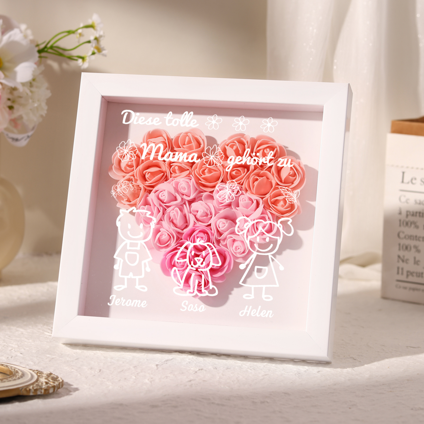 Mama Dichtetafelrahmen Deko-Personalisierbare 3 Namen & Muster Blume Ornament für Mutter-Diese tolle Mama gehört zu....