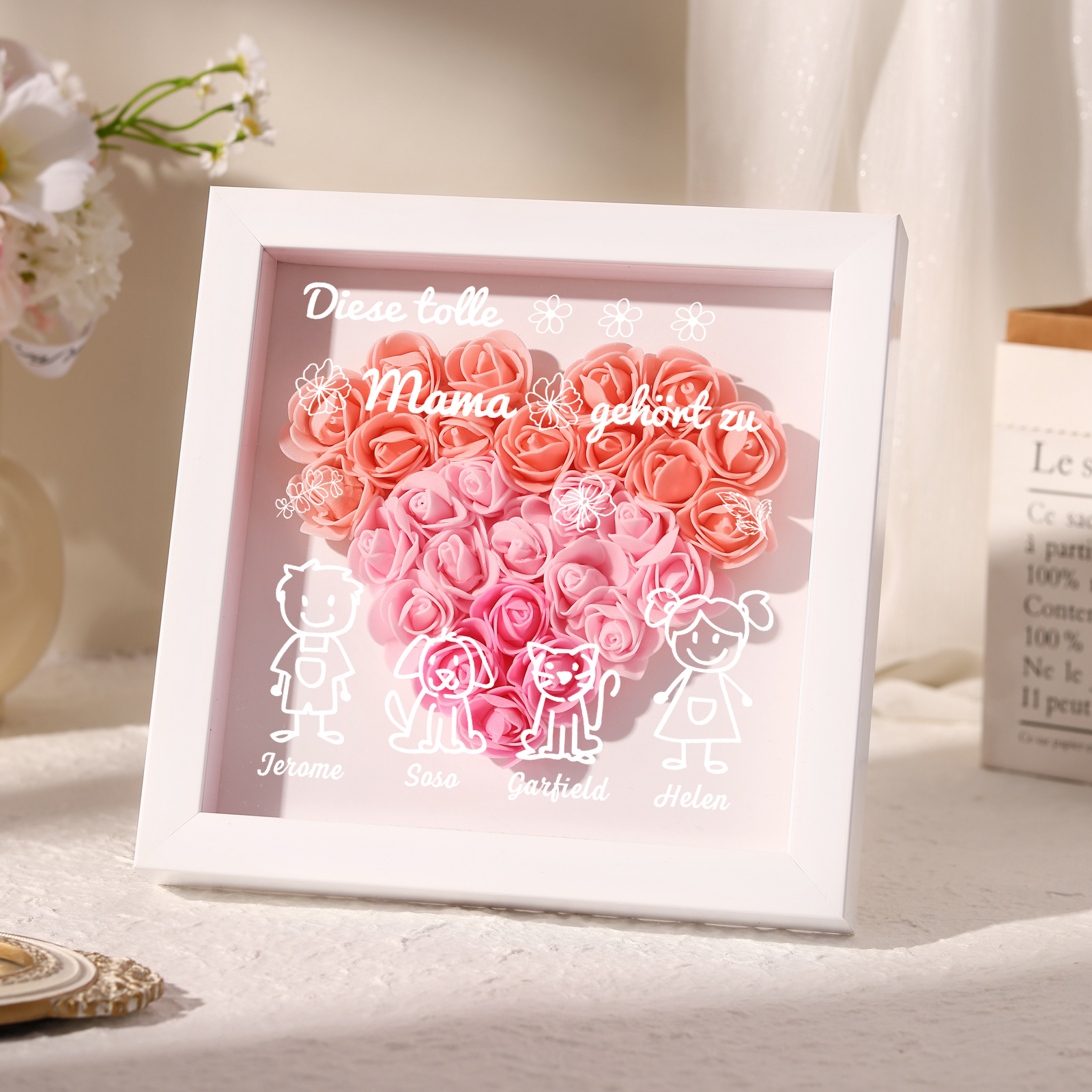 Mama Dichtetafelrahmen Deko-Personalisierbare 4 Namen & Muster Blume Ornament für Mutter-Diese tolle Mama gehört zu....