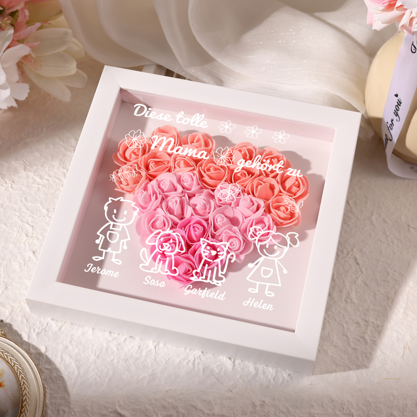 Mama Dichtetafelrahmen Deko-Personalisierbare 4 Namen & Muster Blume Ornament für Mutter-Diese tolle Mama gehört zu....