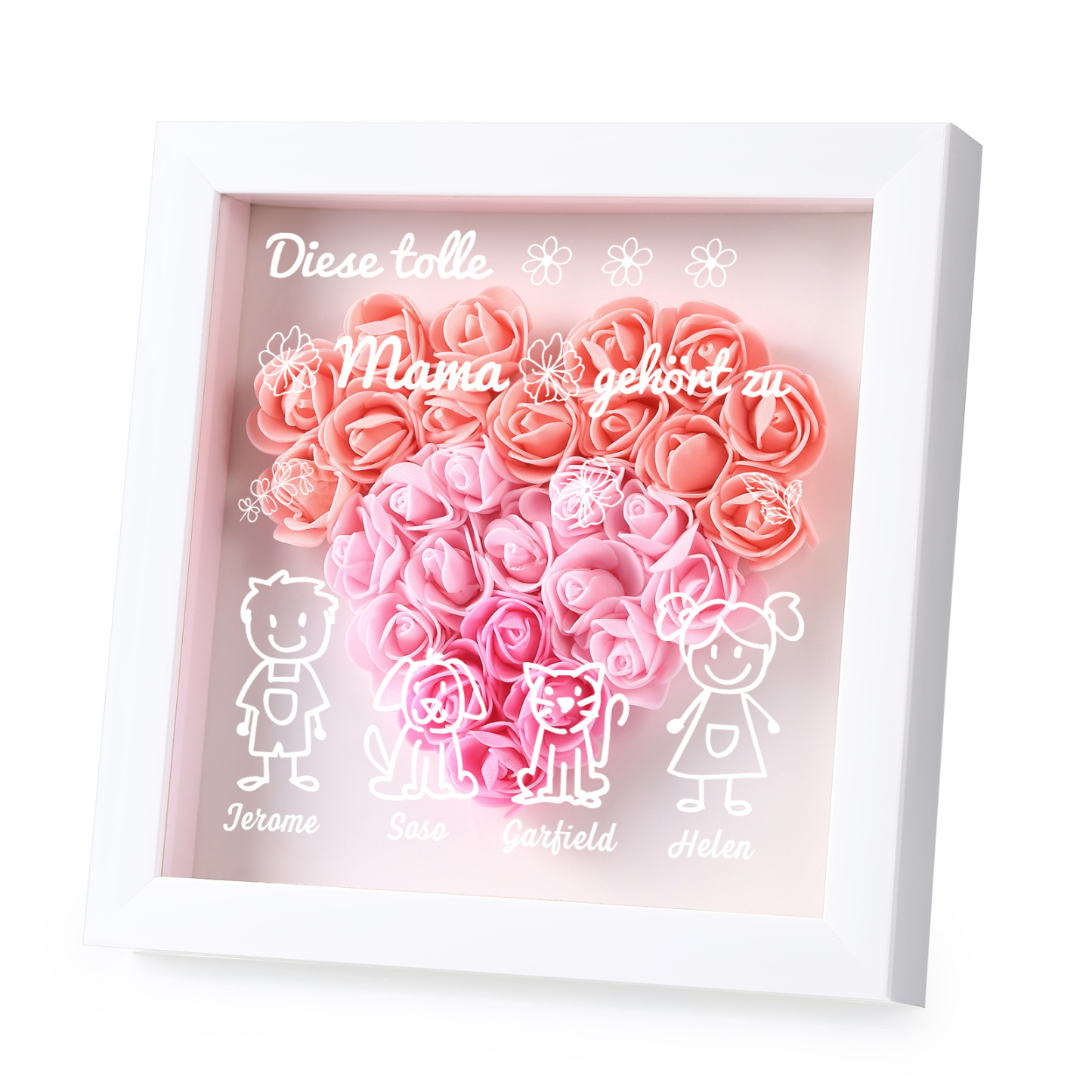 Mama Dichtetafelrahmen Deko-Personalisierbare 4 Namen & Muster Blume Ornament für Mutter-Diese tolle Mama gehört zu....