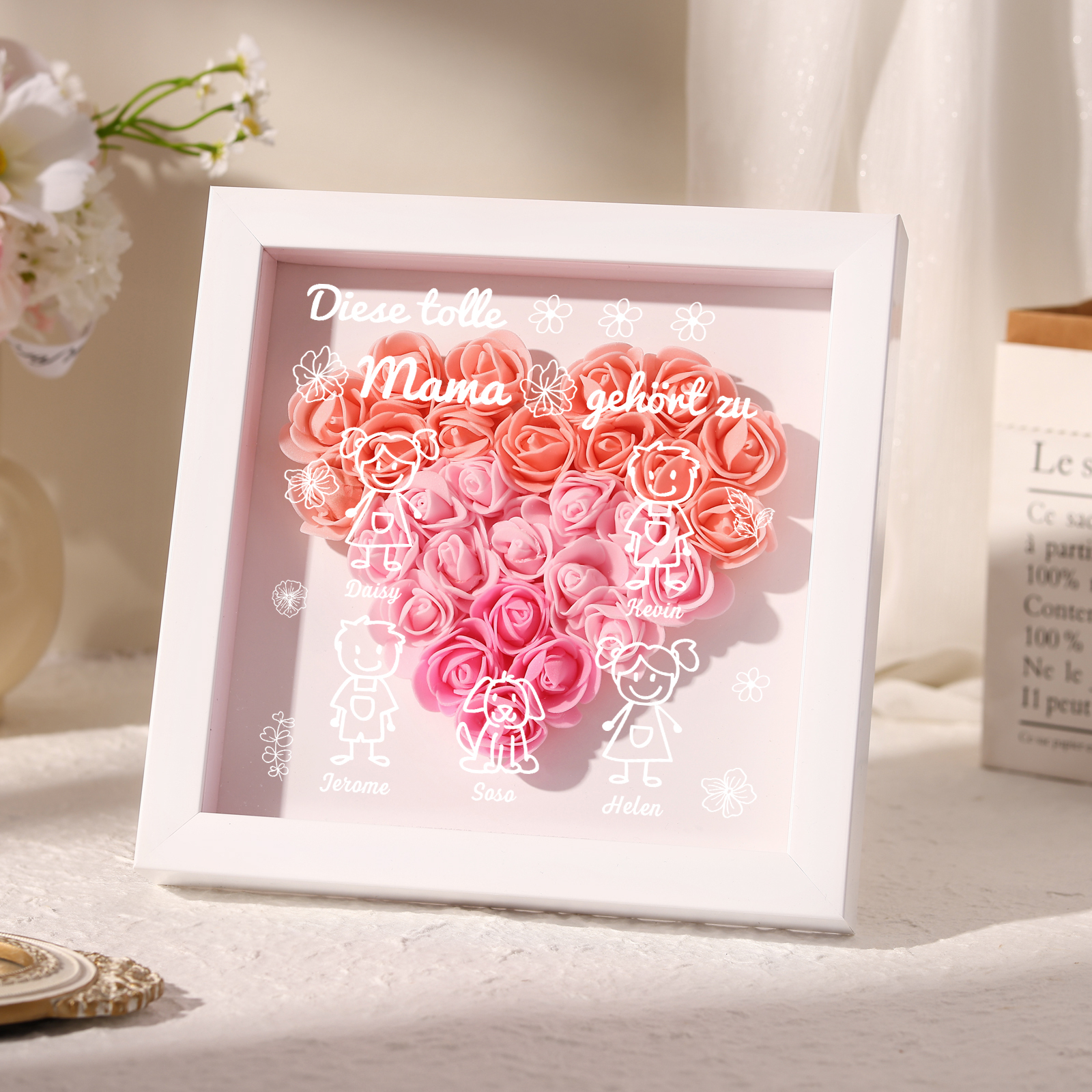 Mama Dichtetafelrahmen Deko-Personalisierbare 5 Namen & Muster Blume Ornament für Mutter-Diese tolle Mama gehört zu....