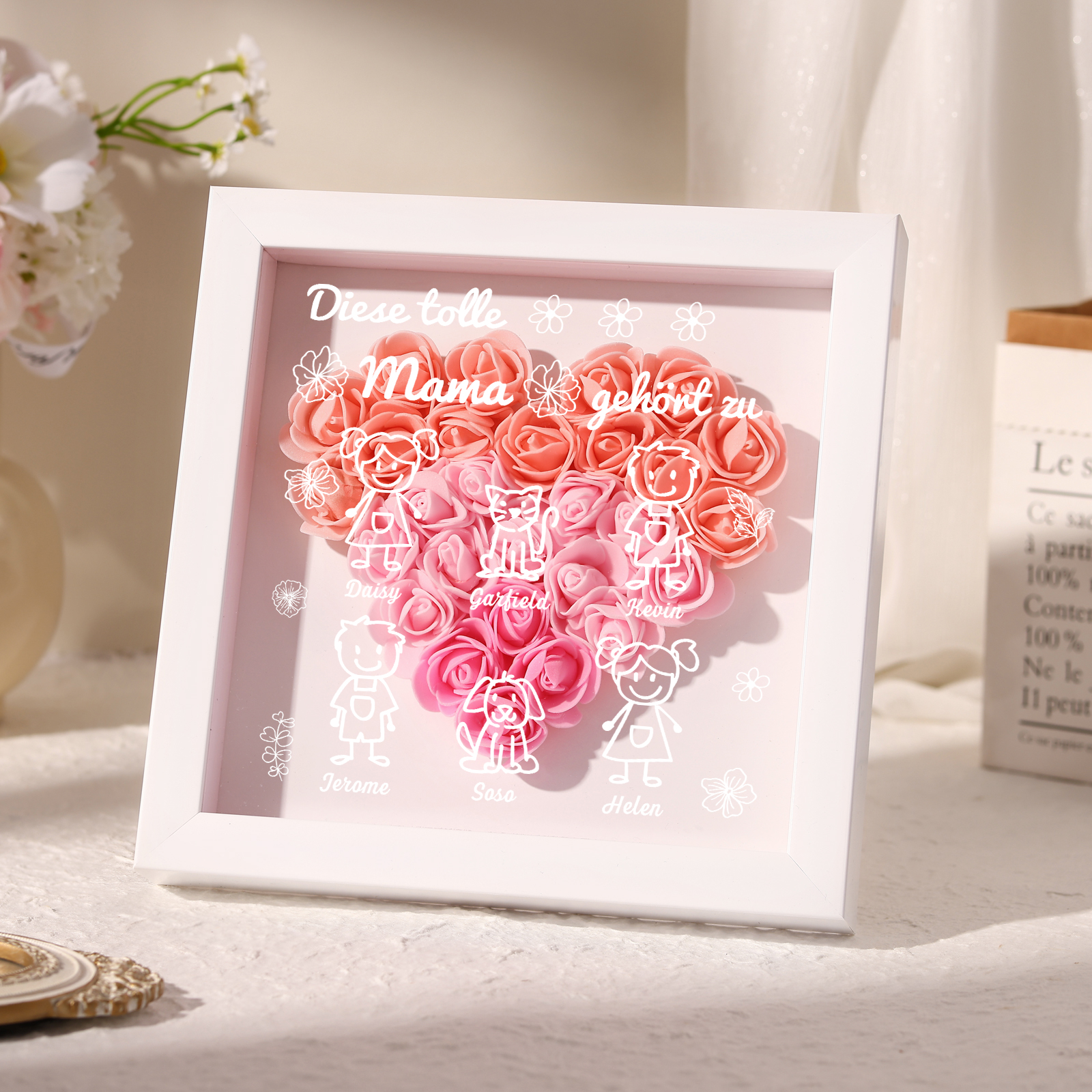 Mama Dichtetafelrahmen Deko-Personalisierbare 6 Namen & Muster Blume Ornament für Mutter-Diese tolle Mama gehört zu....