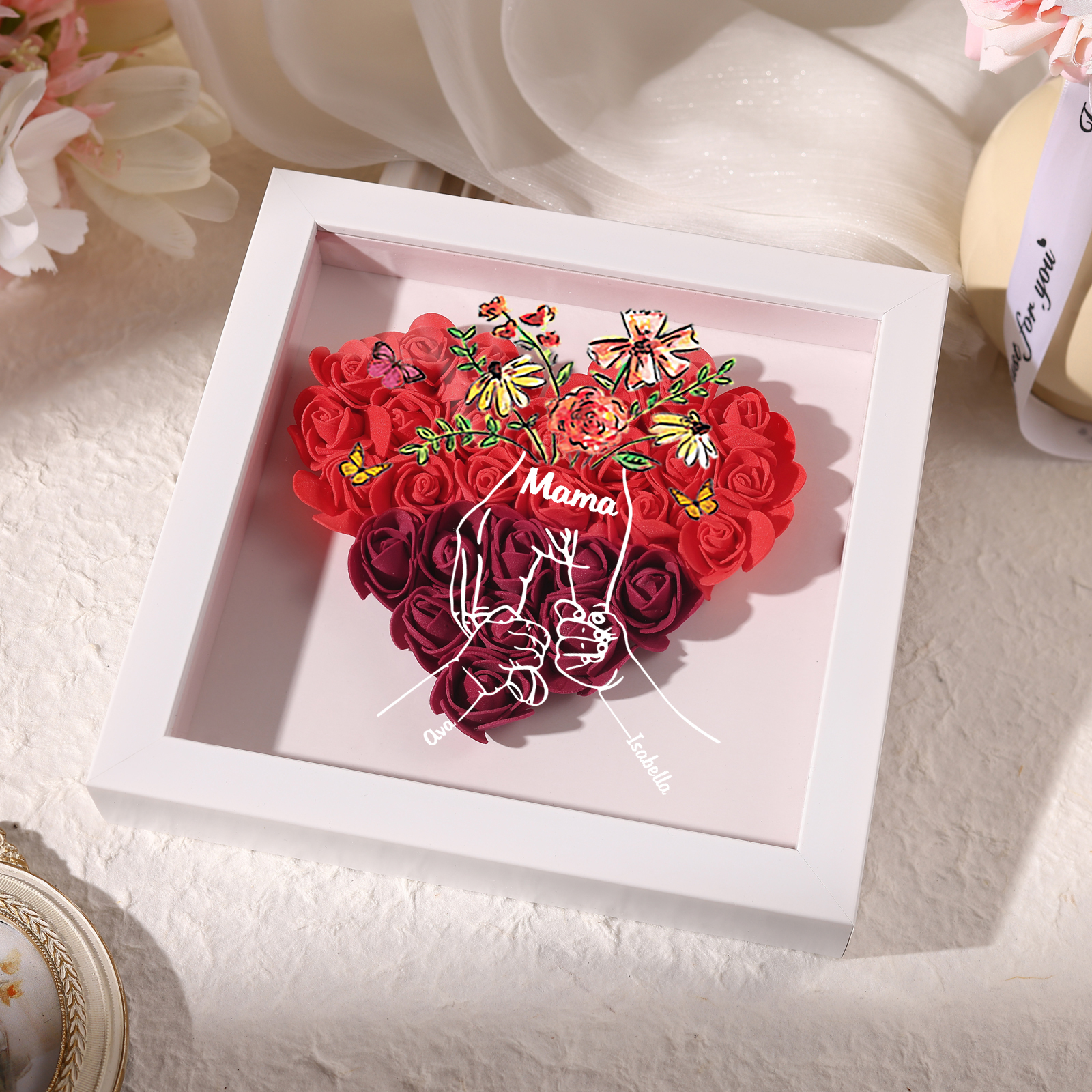 Mama Dichtetafelrahmen Deko-Personalisierbare 2 Namen & Text-Hand in Hand-Blume Ornament für Mutter