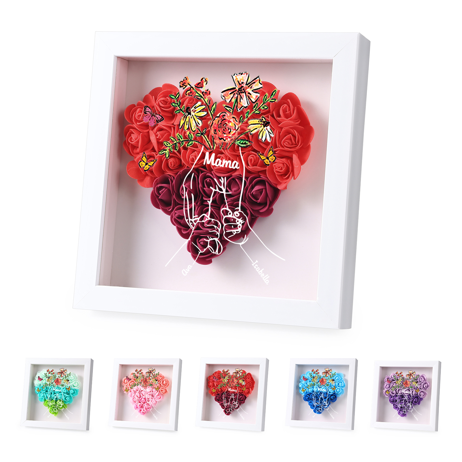 Mama Dichtetafelrahmen Deko-Personalisierbare 2 Namen & Text-Hand in Hand-Blume Ornament für Mutter