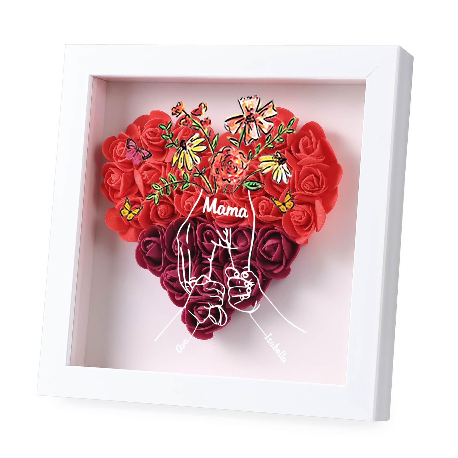 Mama Dichtetafelrahmen Deko-Personalisierbare 2 Namen & Text-Hand in Hand-Blume Ornament für Mutter