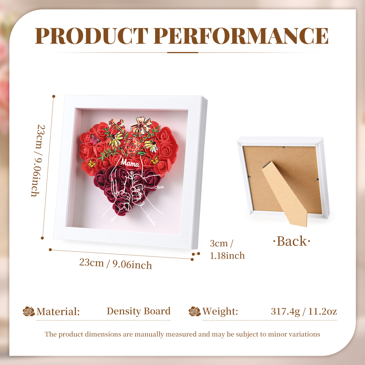 Mama Dichtetafelrahmen Deko-Personalisierbare 3 Namen & Text-Hand in Hand-Blume Ornament für Mutter