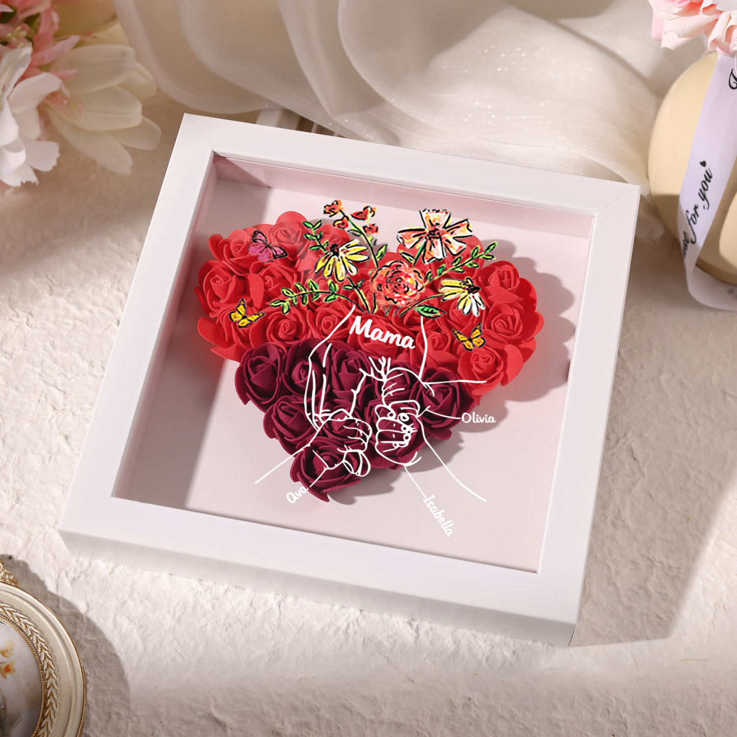 Mama Dichtetafelrahmen Deko-Personalisierbare 3 Namen & Text-Hand in Hand-Blume Ornament für Mutter