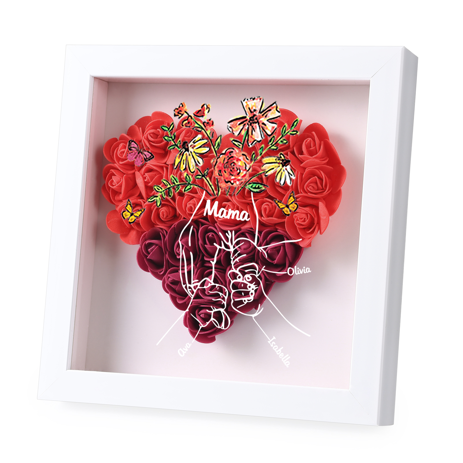 Mama Dichtetafelrahmen Deko-Personalisierbare 3 Namen & Text-Hand in Hand-Blume Ornament für Mutter