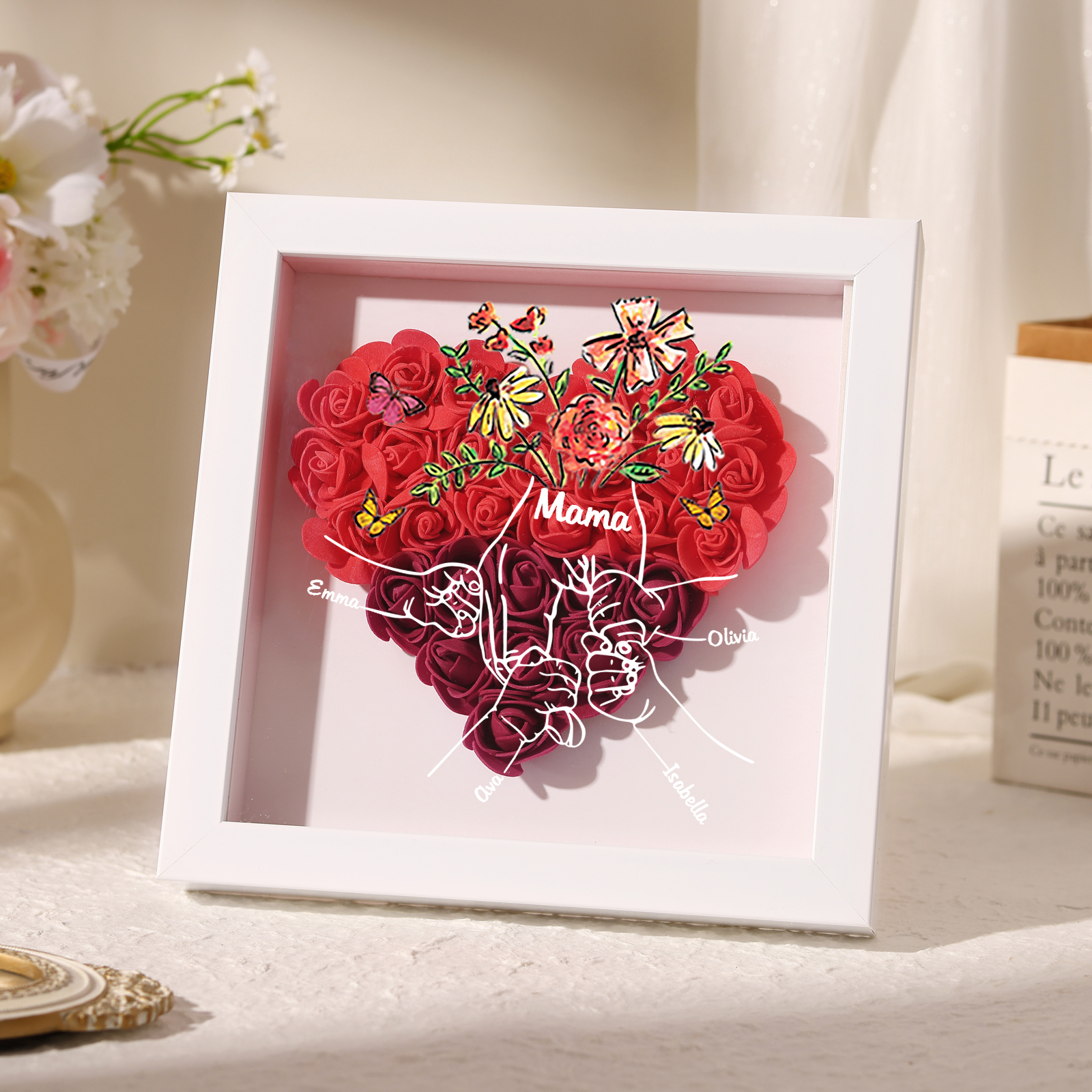 Mama Dichtetafelrahmen Deko-Personalisierbare 4 Namen & Text-Hand in Hand-Blume Ornament für Mutter