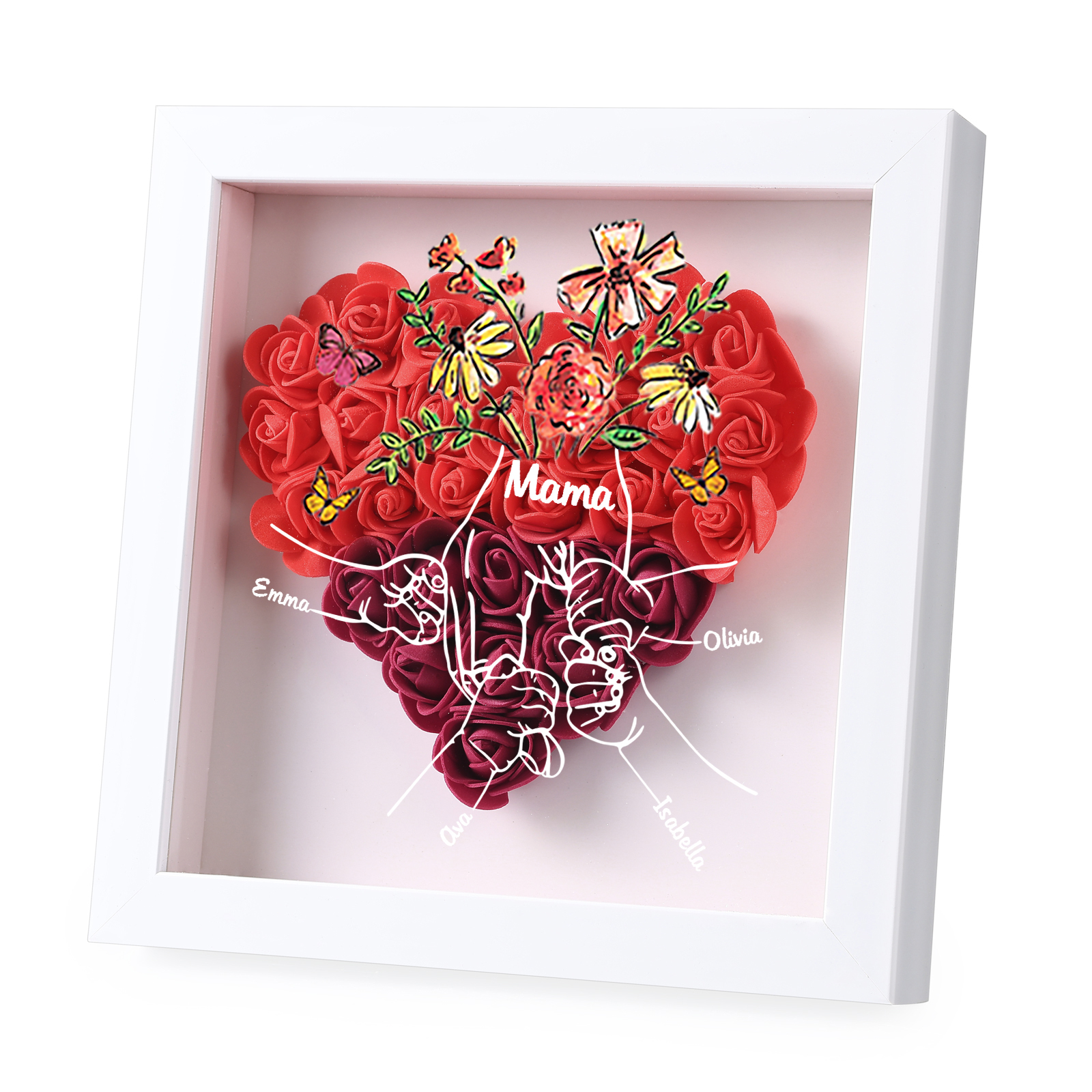 Mama Dichtetafelrahmen Deko-Personalisierbare 4 Namen & Text-Hand in Hand-Blume Ornament für Mutter