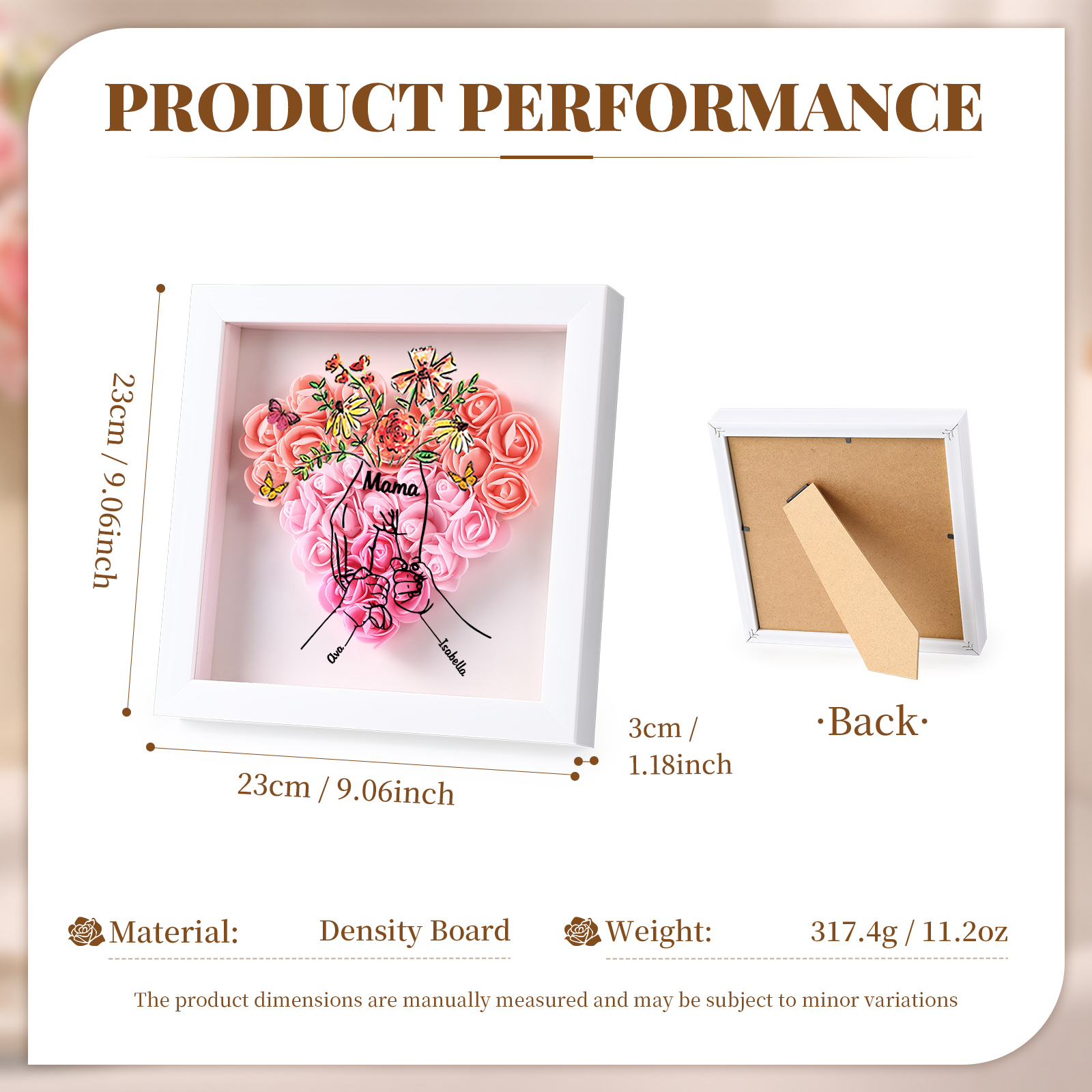 Mama Dichtetafelrahmen Deko-Personalisierbare 2 Namen & Text-Hand in Hand-Blume Ornament für Mutter