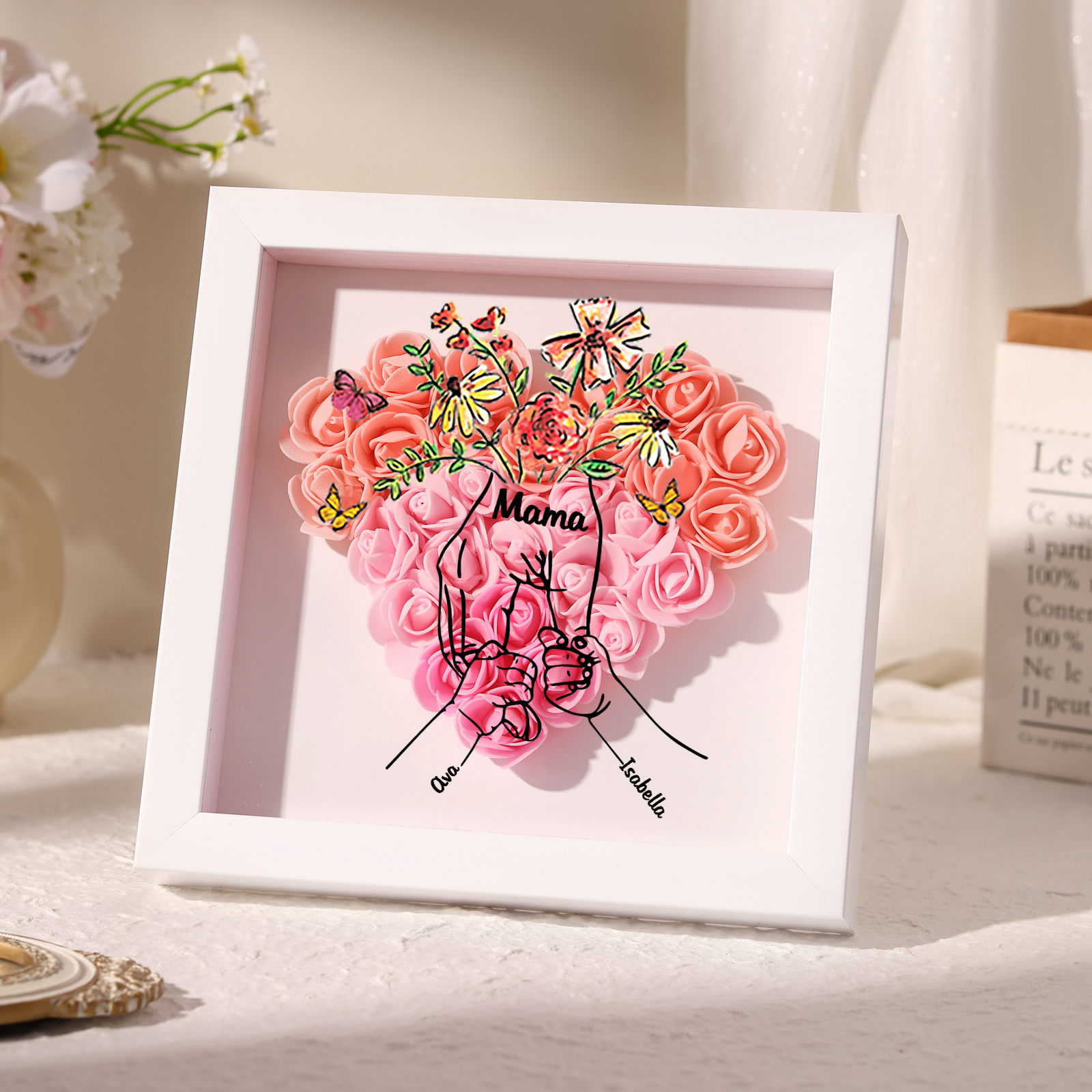 Mama Dichtetafelrahmen Deko-Personalisierbare 2 Namen & Text-Hand in Hand-Blume Ornament für Mutter