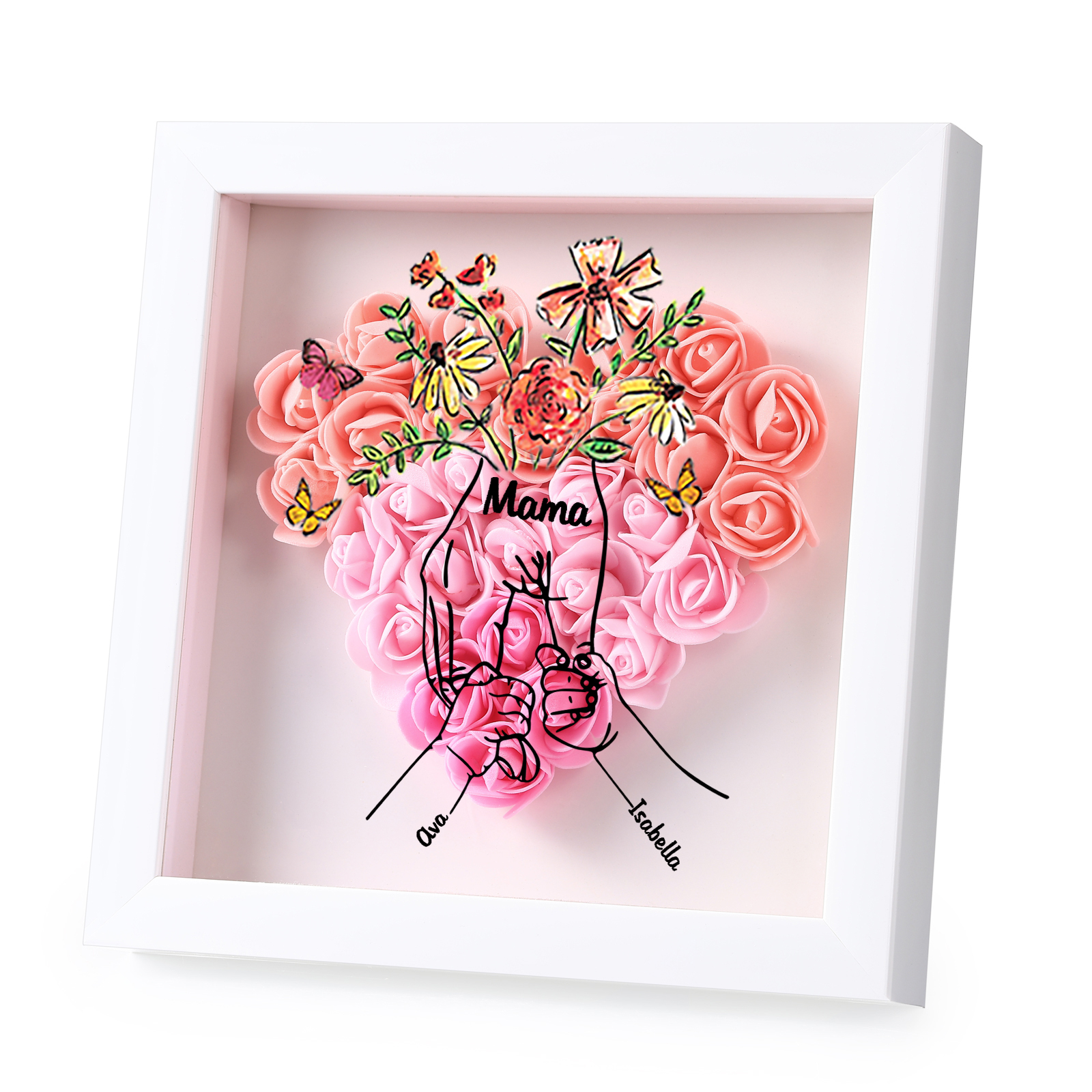 Mama Dichtetafelrahmen Deko-Personalisierbare 2 Namen & Text-Hand in Hand-Blume Ornament für Mutter