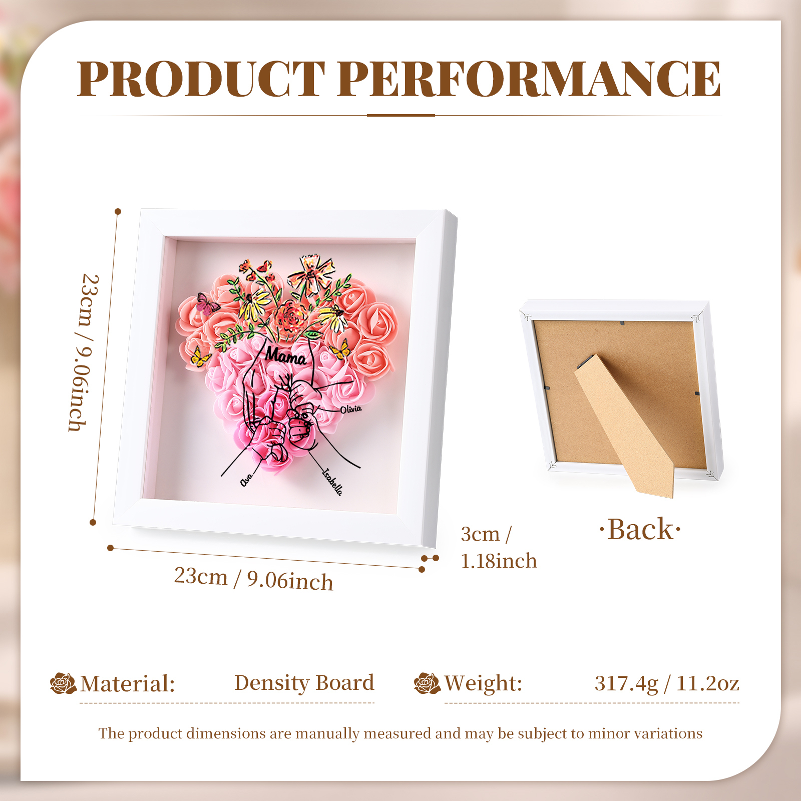 Mama Dichtetafelrahmen Deko-Personalisierbare 3 Namen & Text-Hand in Hand-Blume Ornament für Mutter
