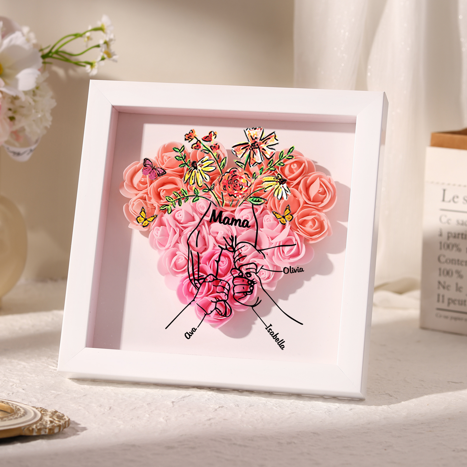 Mama Dichtetafelrahmen Deko-Personalisierbare 3 Namen & Text-Hand in Hand-Blume Ornament für Mutter
