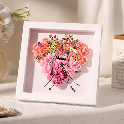 Mama Dichtetafelrahmen Deko-Personalisierbare 3 Namen & Text-Hand in Hand-Blume Ornament für Mutter