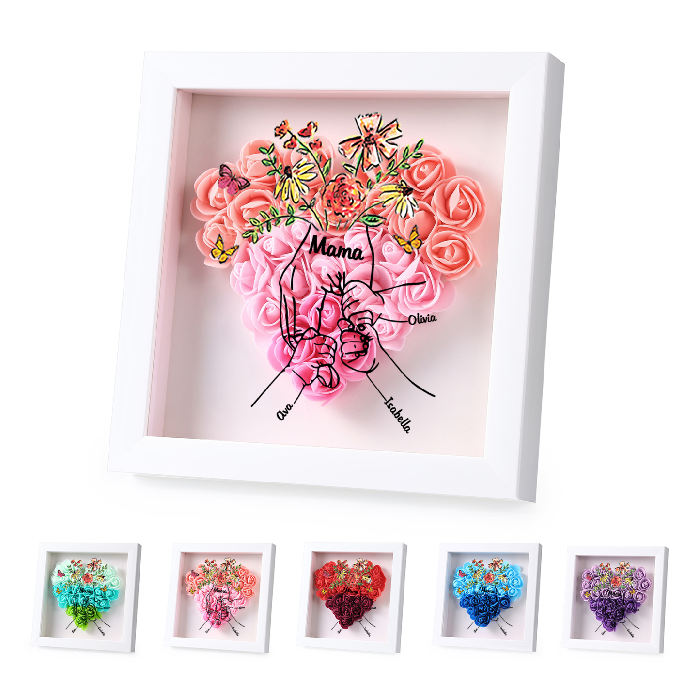 Mama Dichtetafelrahmen Deko-Personalisierbare 3 Namen & Text-Hand in Hand-Blume Ornament für Mutter