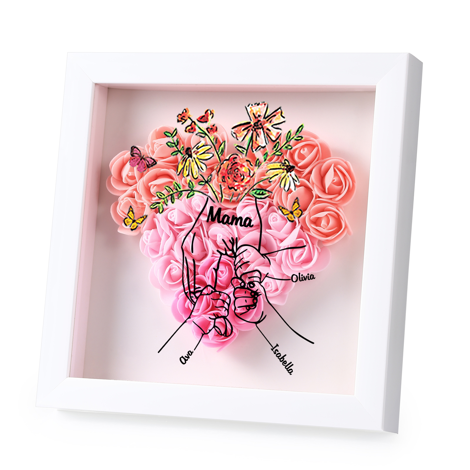 Mama Dichtetafelrahmen Deko-Personalisierbare 3 Namen & Text-Hand in Hand-Blume Ornament für Mutter