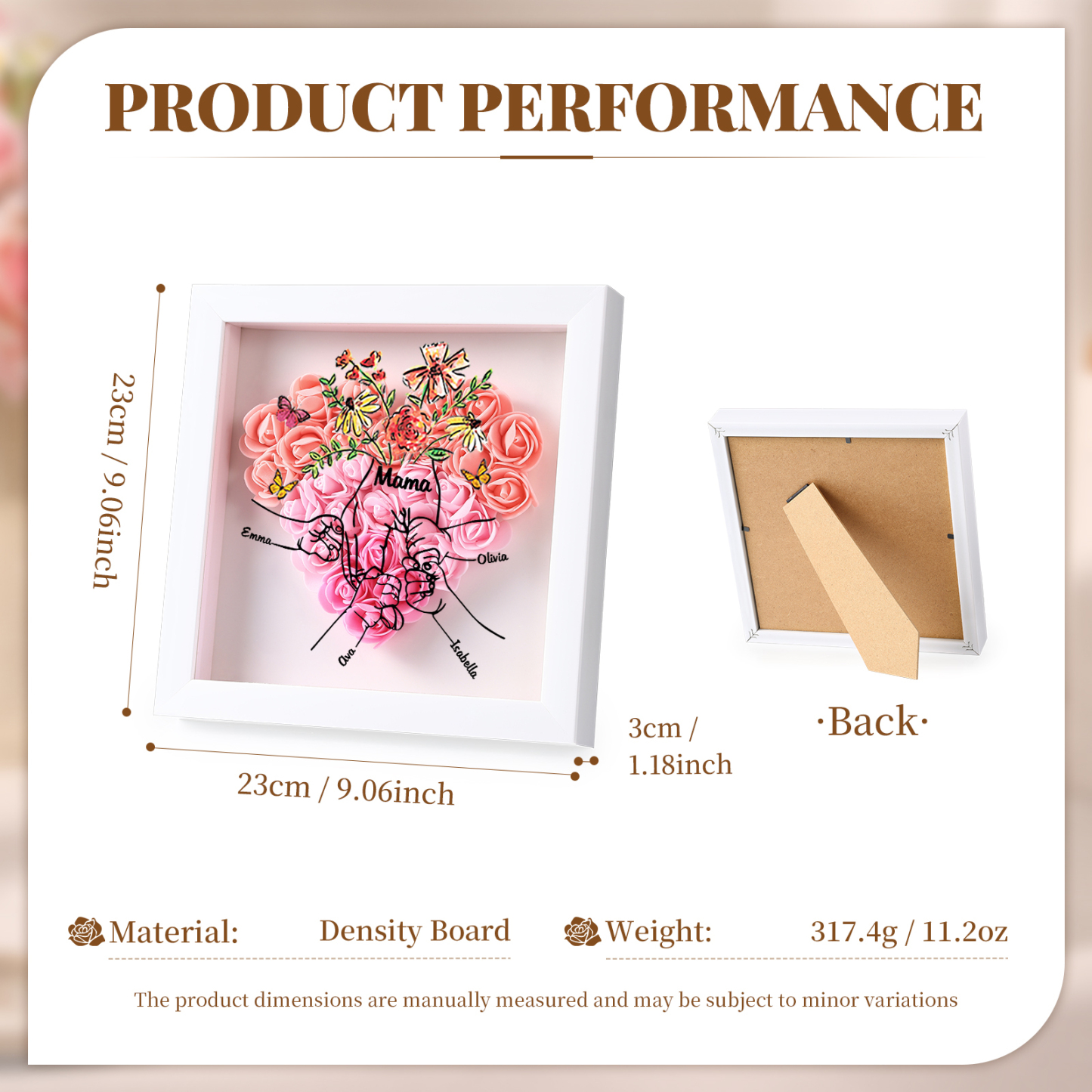Mama Dichtetafelrahmen Deko-Personalisierbare 4 Namen & Text-Hand in Hand-Blume Ornament für Mutter