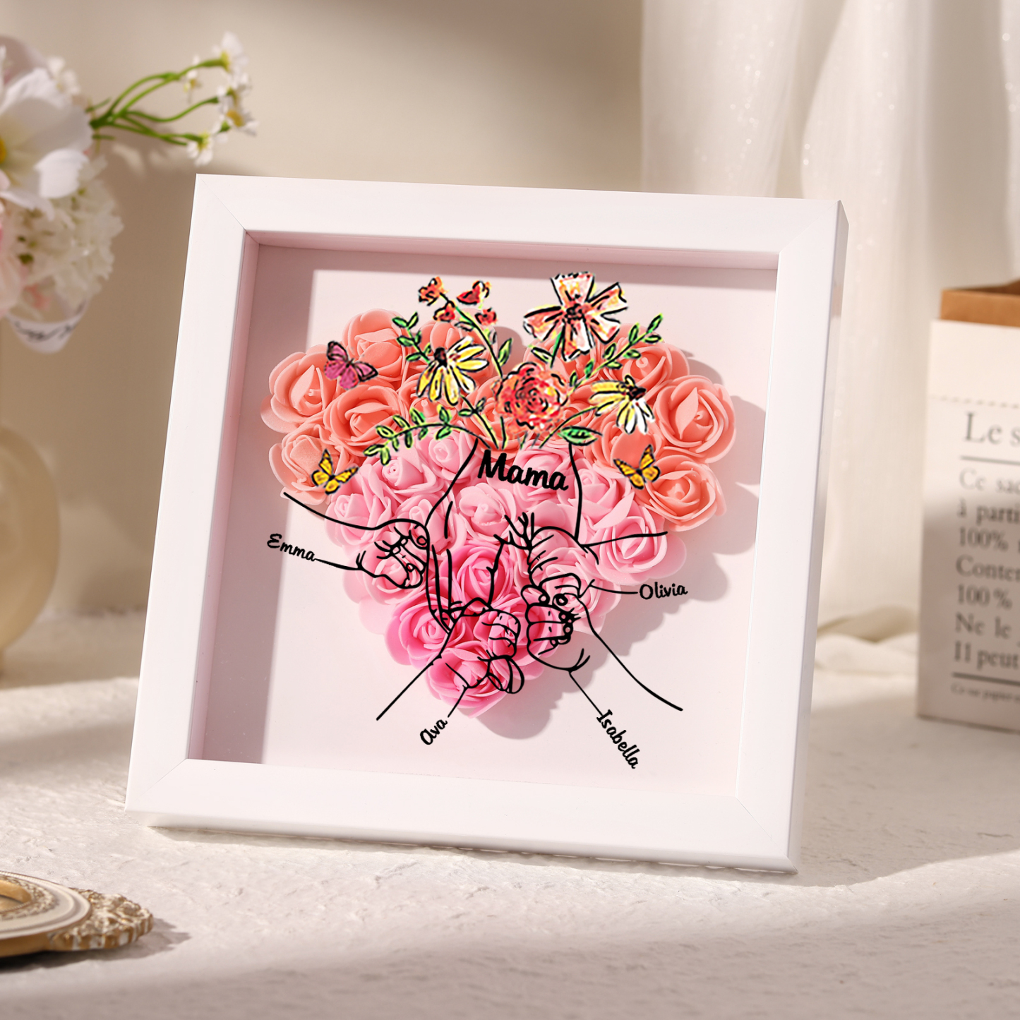 Mama Dichtetafelrahmen Deko-Personalisierbare 4 Namen & Text-Hand in Hand-Blume Ornament für Mutter