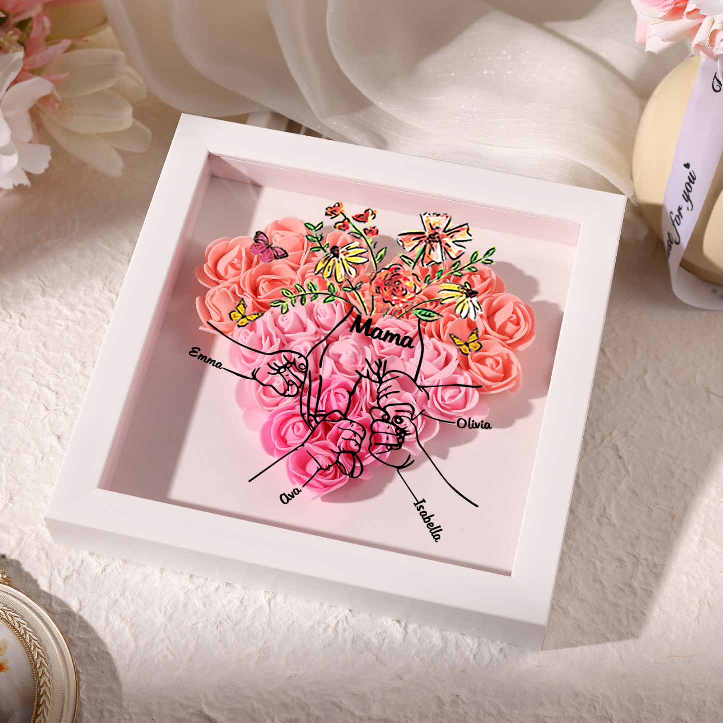 Mama Dichtetafelrahmen Deko-Personalisierbare 4 Namen & Text-Hand in Hand-Blume Ornament für Mutter