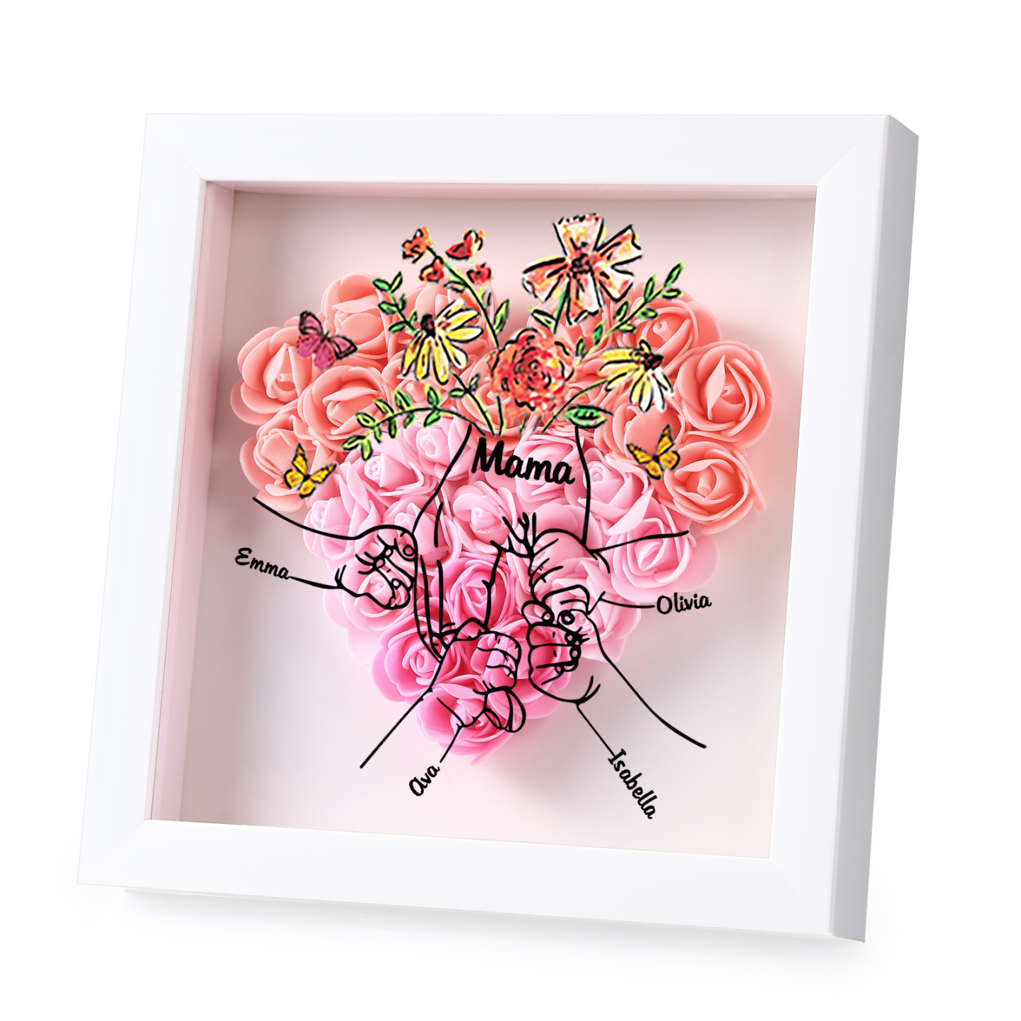 Mama Dichtetafelrahmen Deko-Personalisierbare 4 Namen & Text-Hand in Hand-Blume Ornament für Mutter