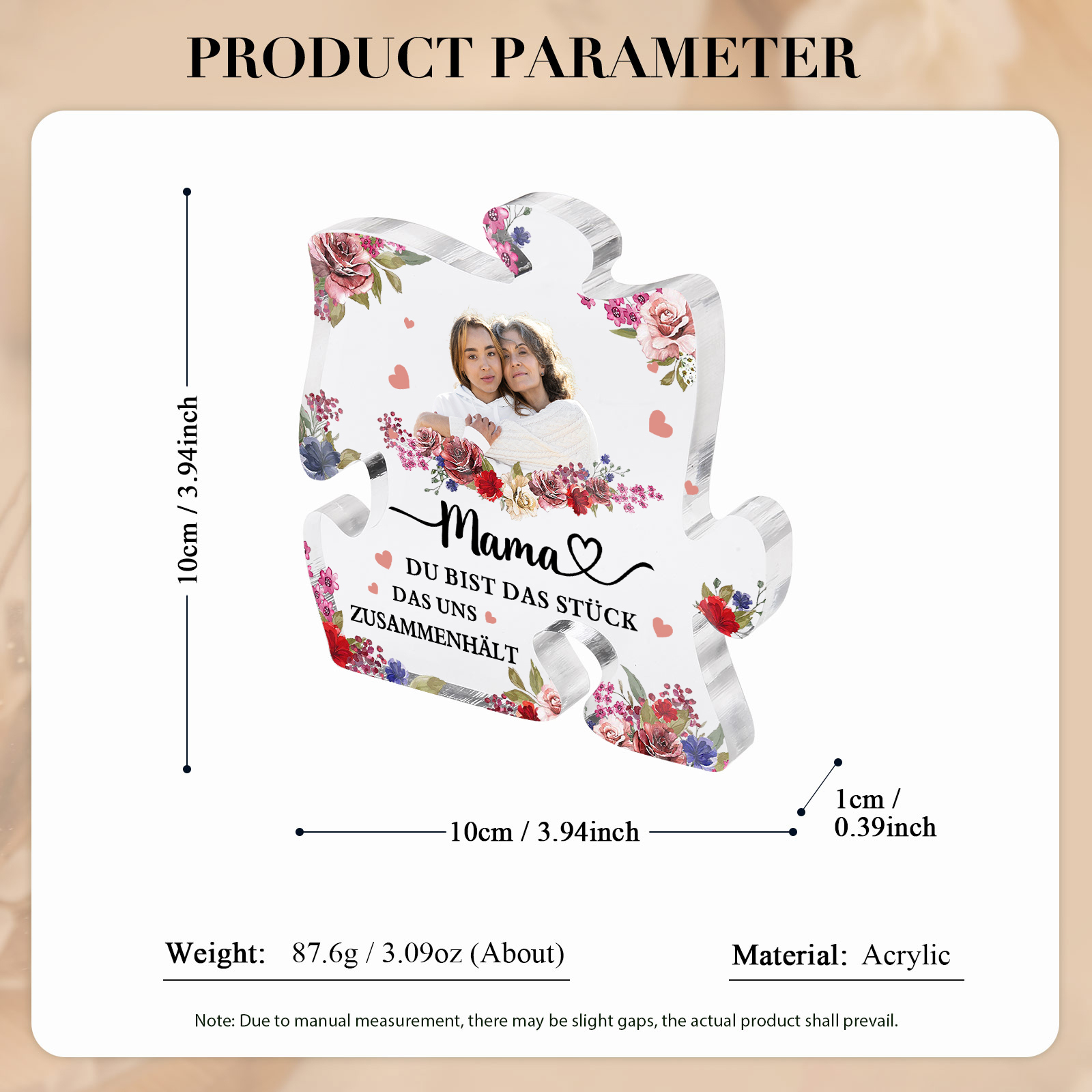 Personalisierte Foto Acryl-Deko-Mama, DU BIST DAS STÜCK, DAS UNS ZUSAMMENHÄLT-Schreibtischdekoration für Mama