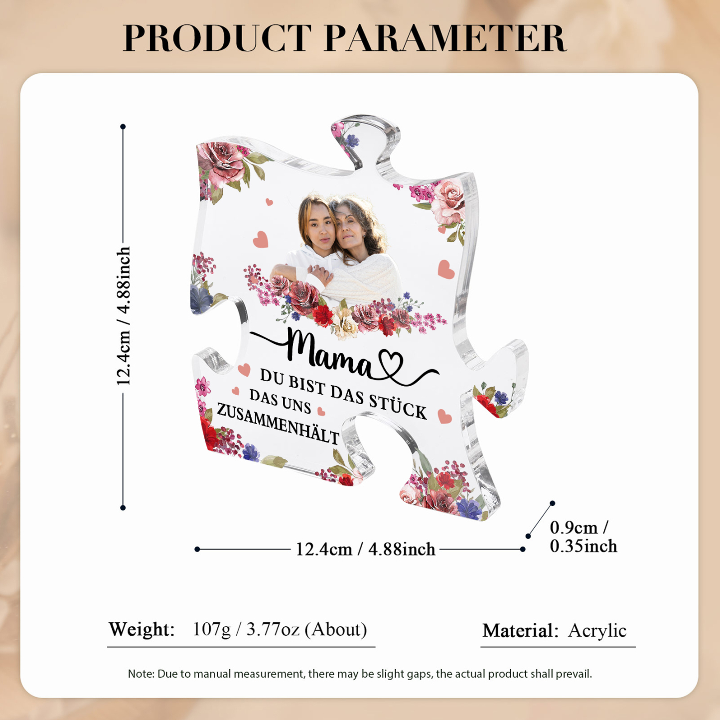 Personalisierte Foto Acryl-Deko-Mama, DU BIST DAS STÜCK, DAS UNS ZUSAMMENHÄLT-Schreibtischdekoration für Mama